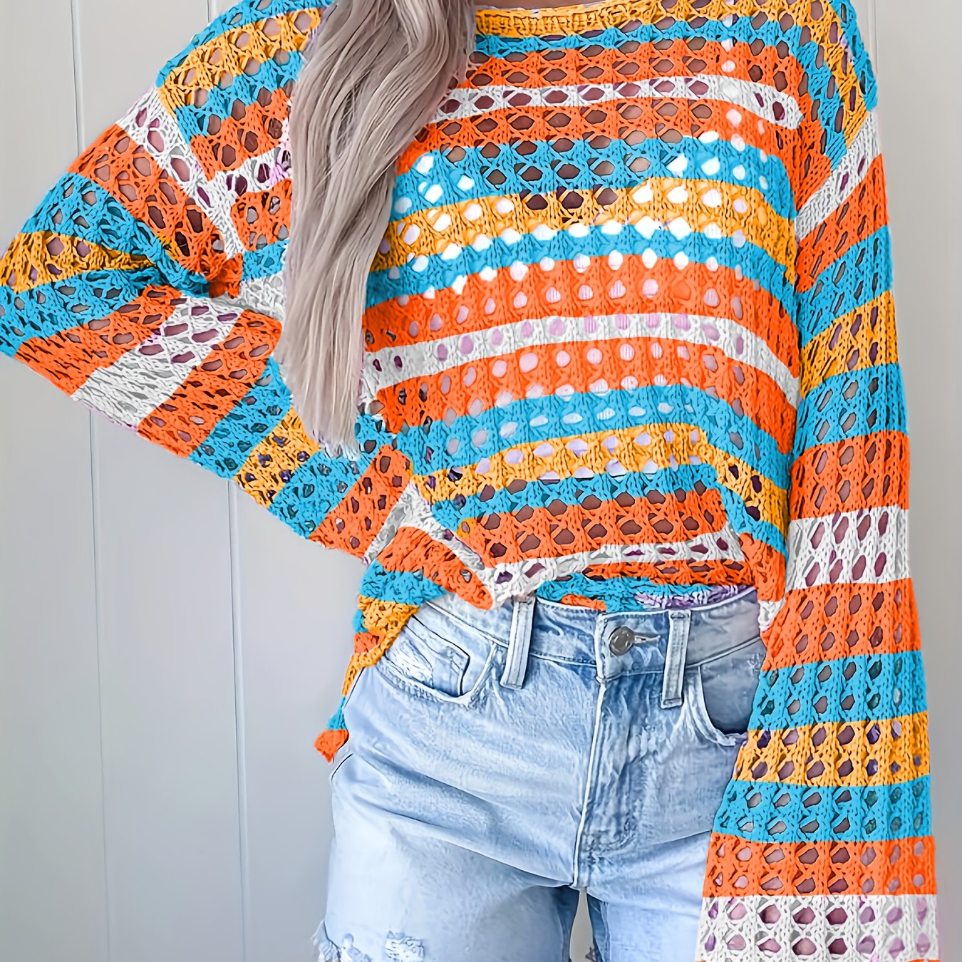 Women's Bohemian One-Shoulder Crochet Cover-Up - Lightweight Lace- Beach Top with Color-Block Design, Short Front & Long Back, Multi-Color Pastel Shades for Spring/Summer Vacation Poolside Casual Wear, Curve Beachwear