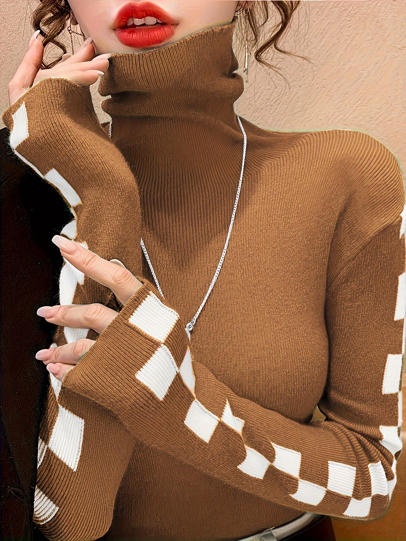 Elegant Red & White Checkered Turtleneck Sweater for Women - Slim Fit, Casual Knit Pullover with Contrasting Trim, Perfect for Fall/Winter