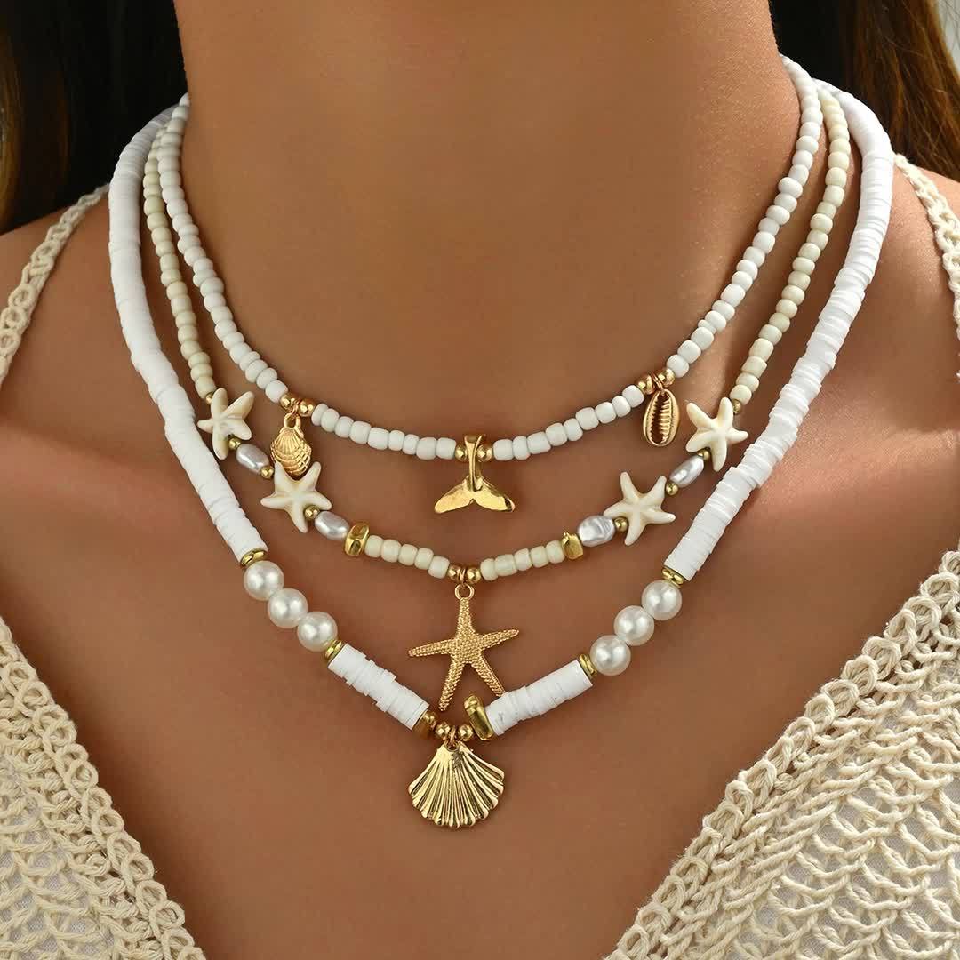 3pcs/set Bohemian Scallop Starfish Fish Tail Imitation Pearl Soft Clay Rice Bead Stacked Necklace Suitable for Women's Daily Matching in Autumn and Winter