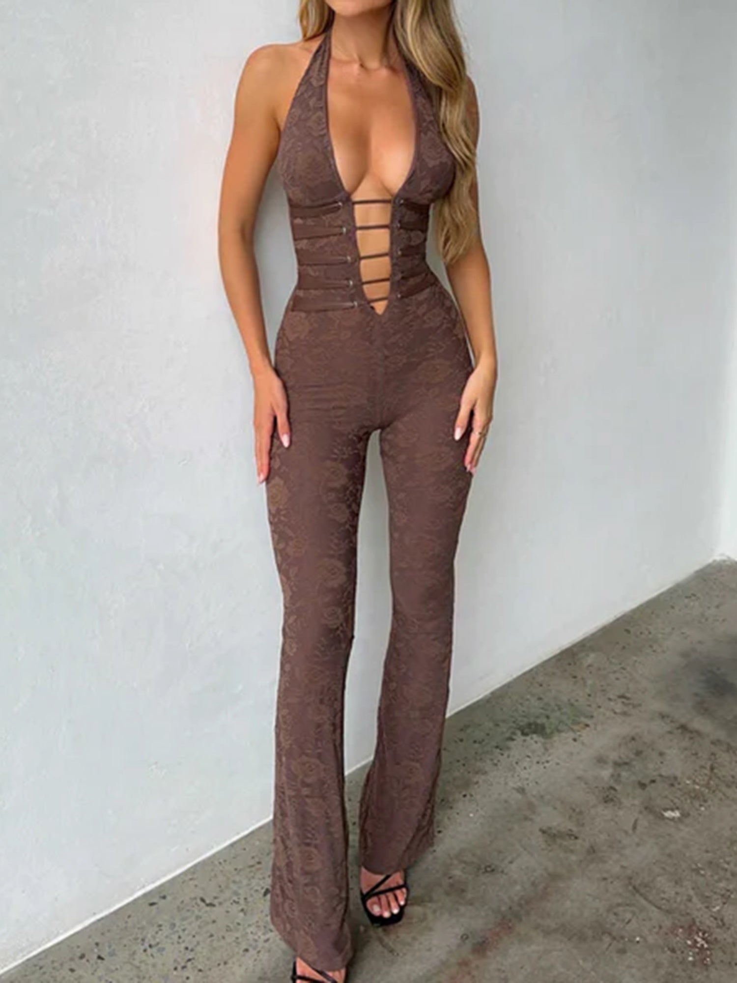Women Lace Jumpsuits Halter Neck Cross Backless Sleeveless Long Rompers Summer Slim Playsuits Female Clubwear