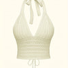 Solid Cross Tie Back Halter Top, Versatile V-neck Backless Crop Knitted Top, Women's Clothing