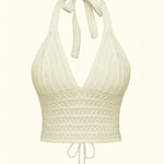 Solid Cross Tie Back Halter Top, Versatile V-neck Backless Crop Knitted Top, Women's Clothing