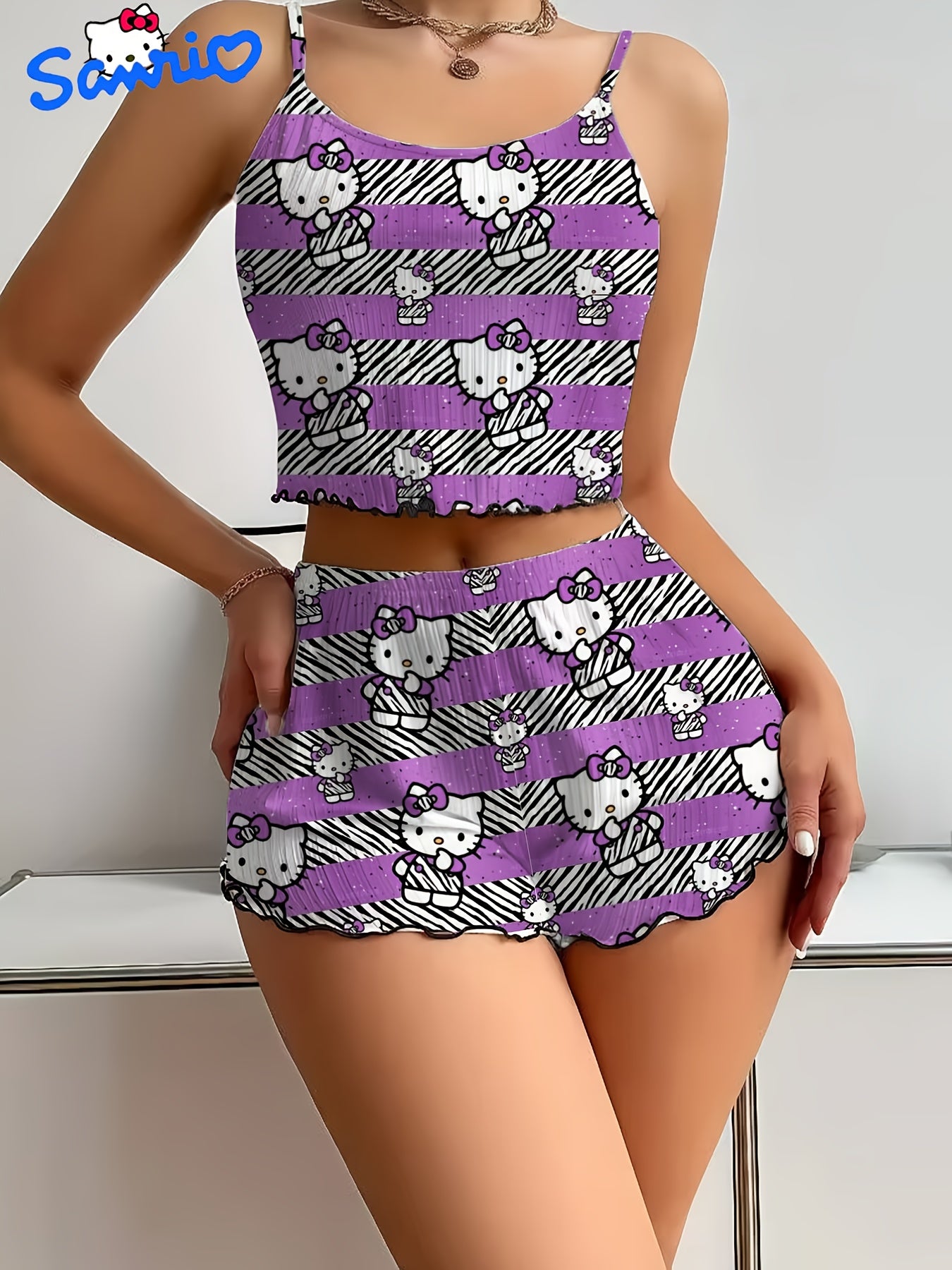 Sanrio for hello kitty Women'S Shorts Set - Elegant Off-Shoulder, Cartoon Print, Polyester Knit Pajamas with Ruffle Detail, All-Season Comfort, Adult Sleepwear, Shorts Set|Playful Print|Polyester Fabric