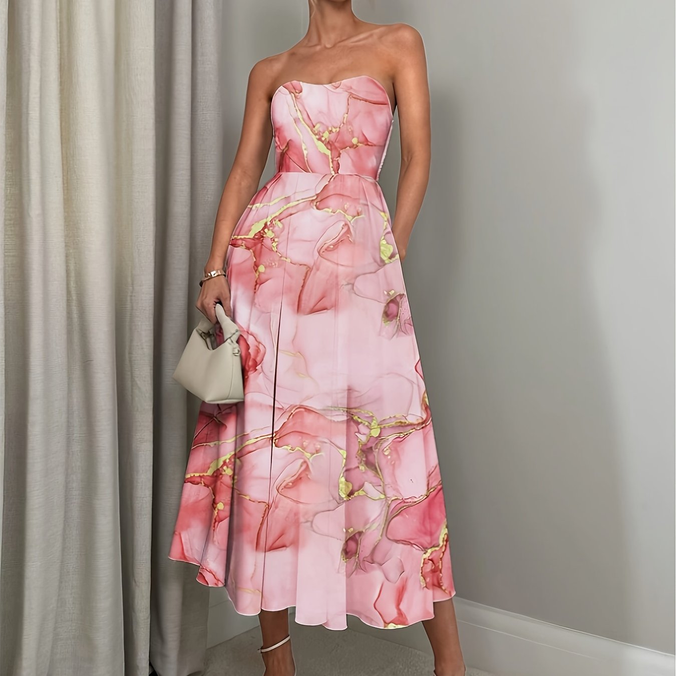 Women's Elegant Off-Shoulder A-Line Floral Print Rose Print Dress - Knee-Length with Ruffled Hem & Waist Tie, Machine Washable for Weddings, Parties, Graduations, Prom - Pink Floral Print Formal Evening Dress, Event Attire |