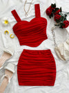 2pcs heart-shaped neckline bodysuit and mini skirt set, suitable for dates and Valentine's Day sexy clothing