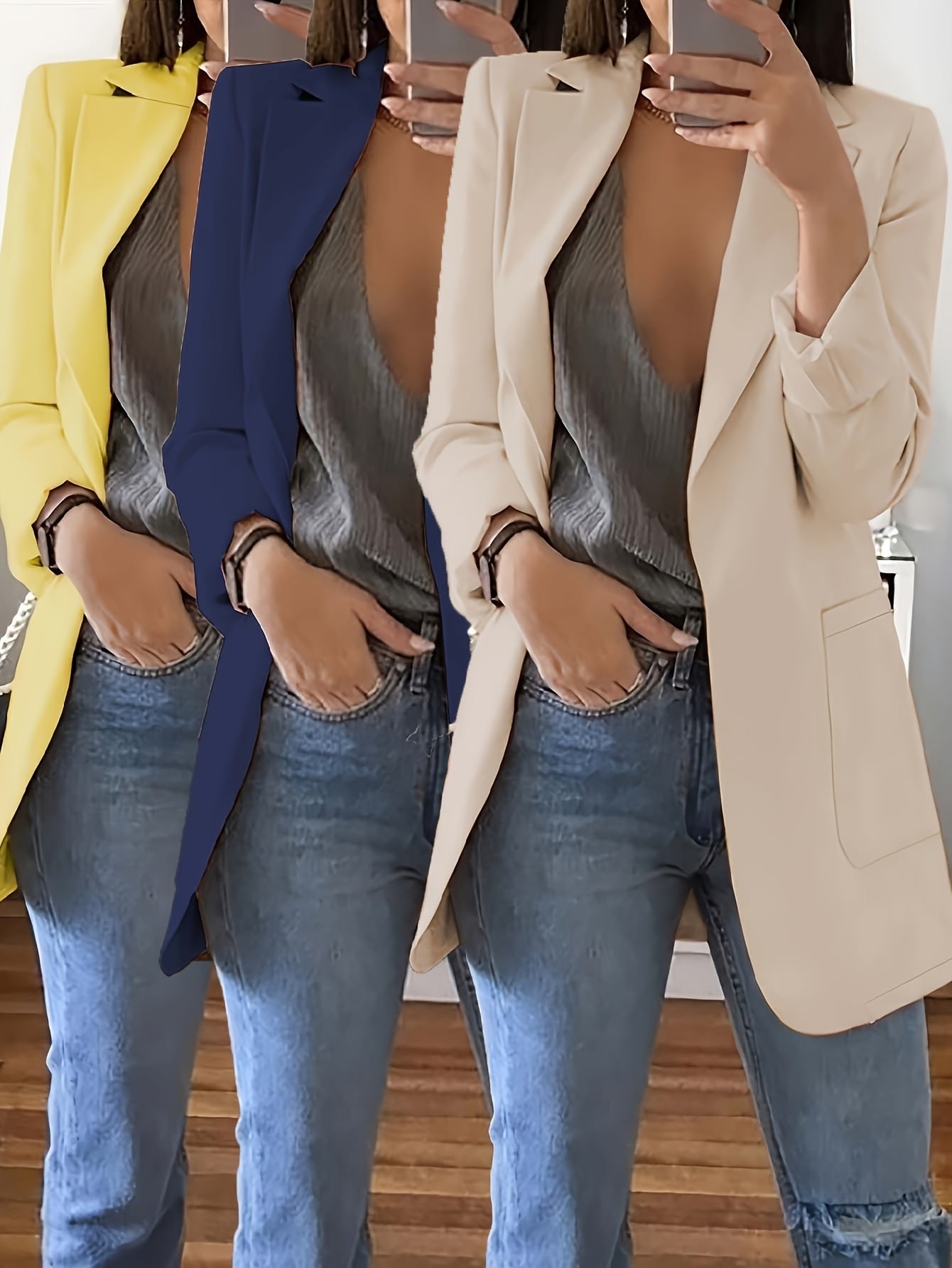3pcs Fashion Casual Solid Color Lapel Slim Fit Open Cardigan Suit Jacket for Women Spring Summer Autumn