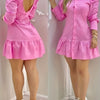 Women's Bright Pink Heart Cut-Out Back Long Sleeve Shirt Dress with Ruffled Hem & Elastic Waist - Summer Casual Chic Office Date Vacation Outfit, Vacation Attire, Nontransparent Fabric