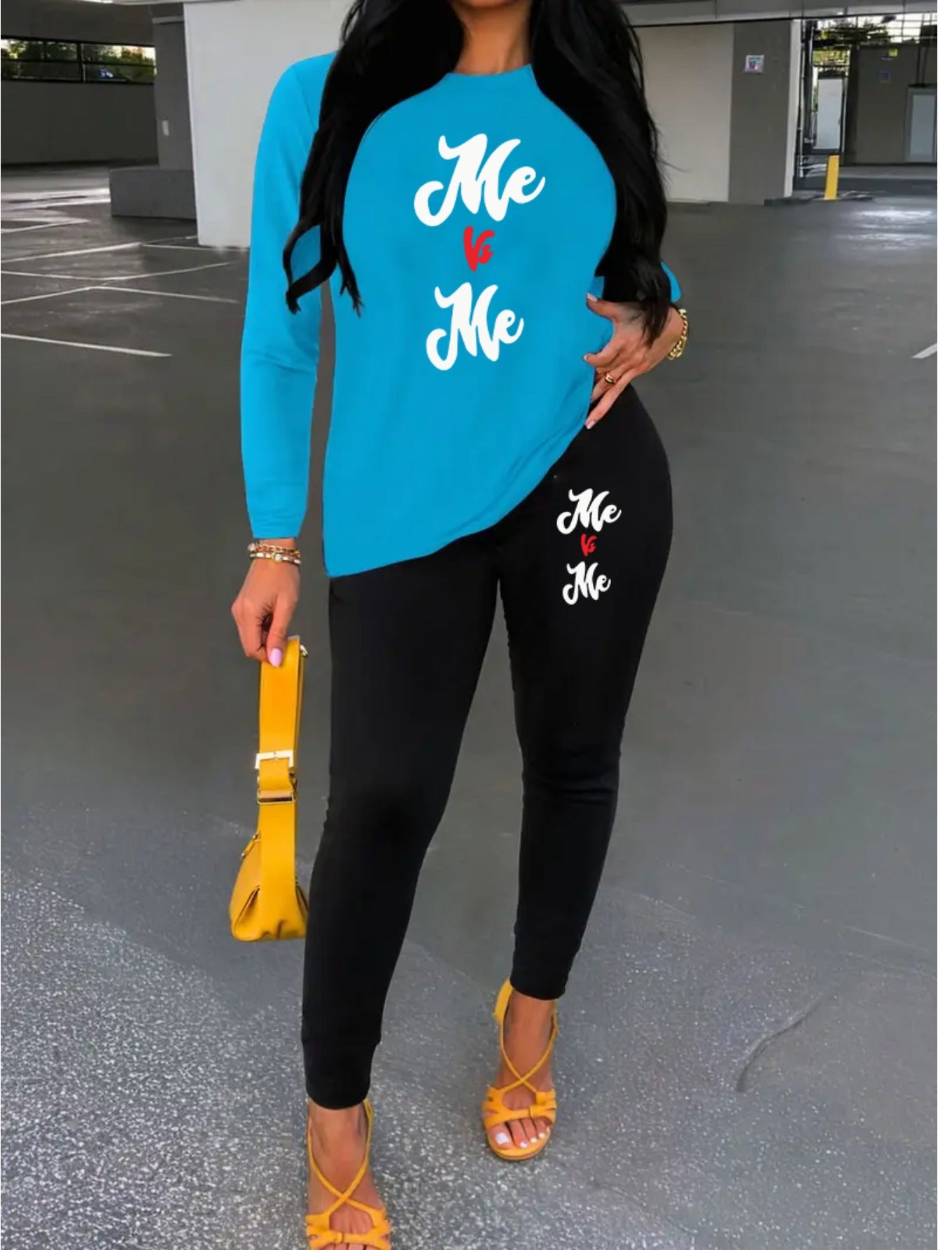 Women's Me Vs Me Print Long Sleeve Outfit - Made from Polyester Blend Knit Fabric, Round Neck Autumn/Winter Set, Includes Pants And Top, Perfect for Business And Casual Attire, an Ideal Gift Choice.
