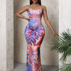 Tropical Print) Elegant & Vibrant Women's Sleeveless Bodycon Dress with Tropical Leaf Print - Off-Shoulder, Spaghetti Strap, Perfect for Vacation, Machine Washable, Polyester & Spandex Blend