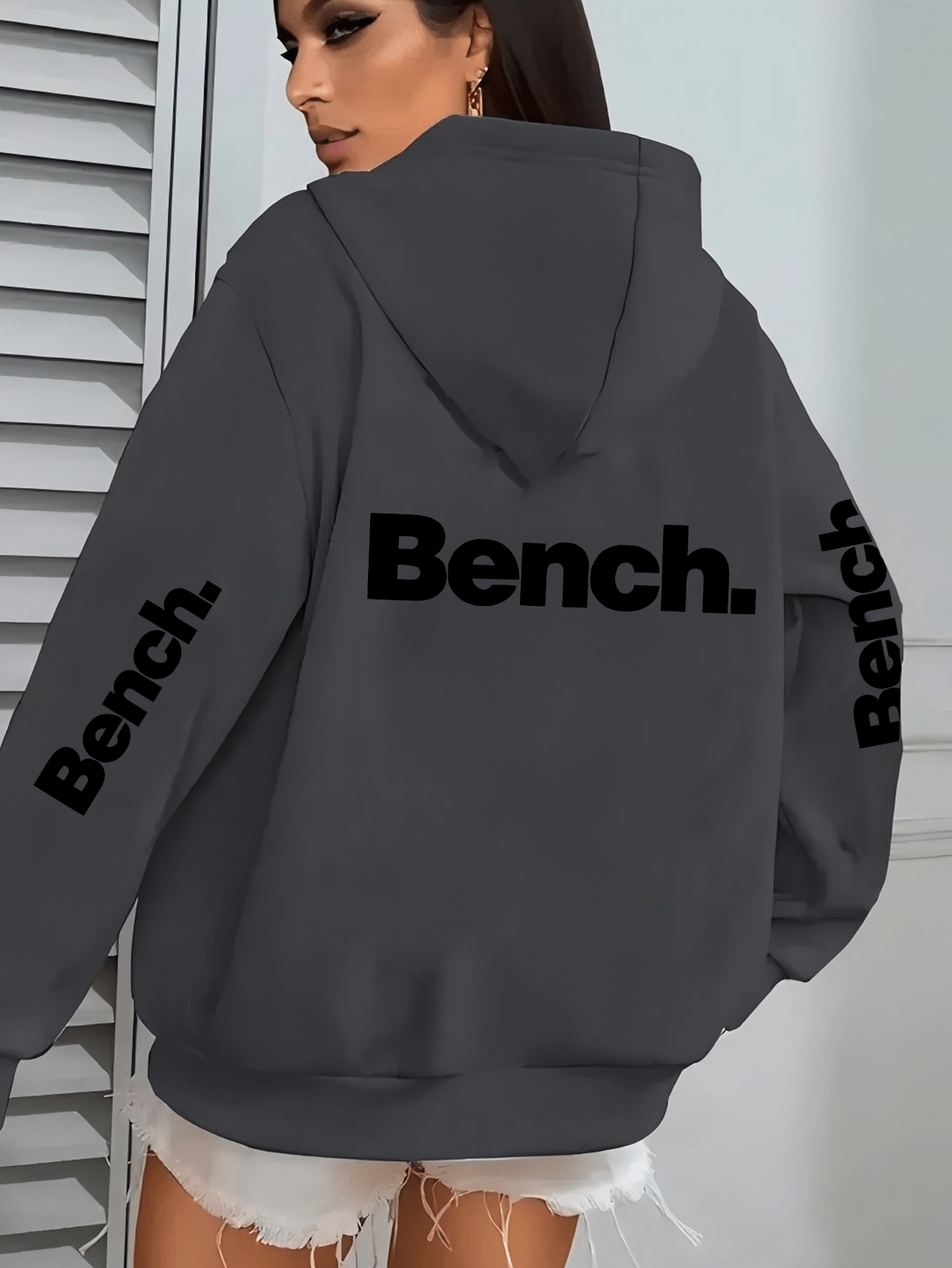 Women's Casual Hooded Jacket with Bold "Bench" Letter Print, Kangaroo Pocket & Zipper Collar - Machine-Washable Polyester, All-Season Versatile Outerwear, Perfect Gift for Her, Lightweight Layering, Urban Fashion, Quality Sti