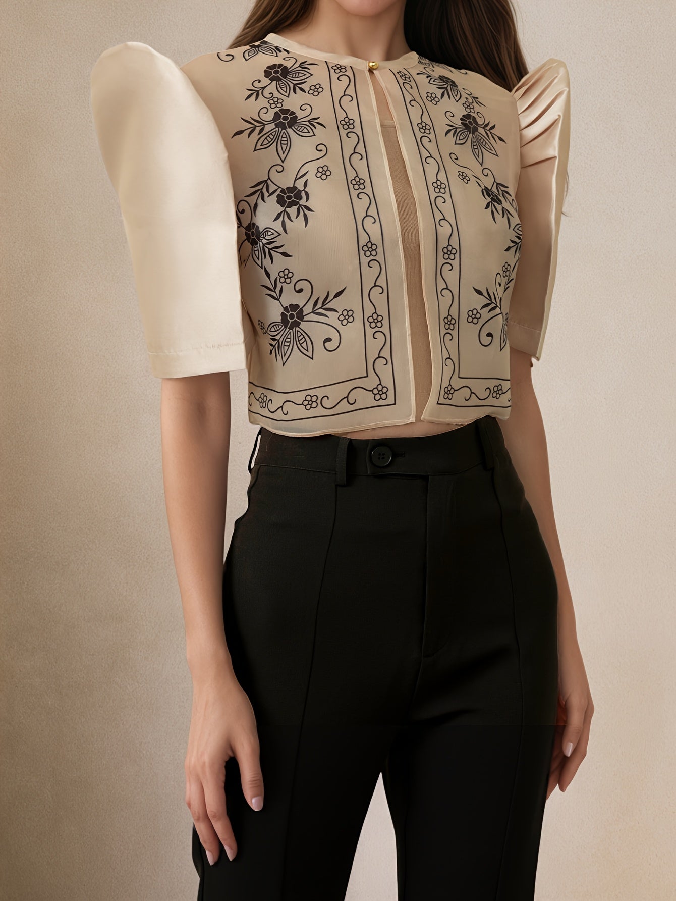 Women's Lightweight Floral Print Puff Sleeve Blouse - Semi-Sheer Round Neck Casual Chic Top for Work, Outings & Leisure | Spring Summer Machine Washable Shirt, Work Apparel | Elegant Design, Ladies Blouses