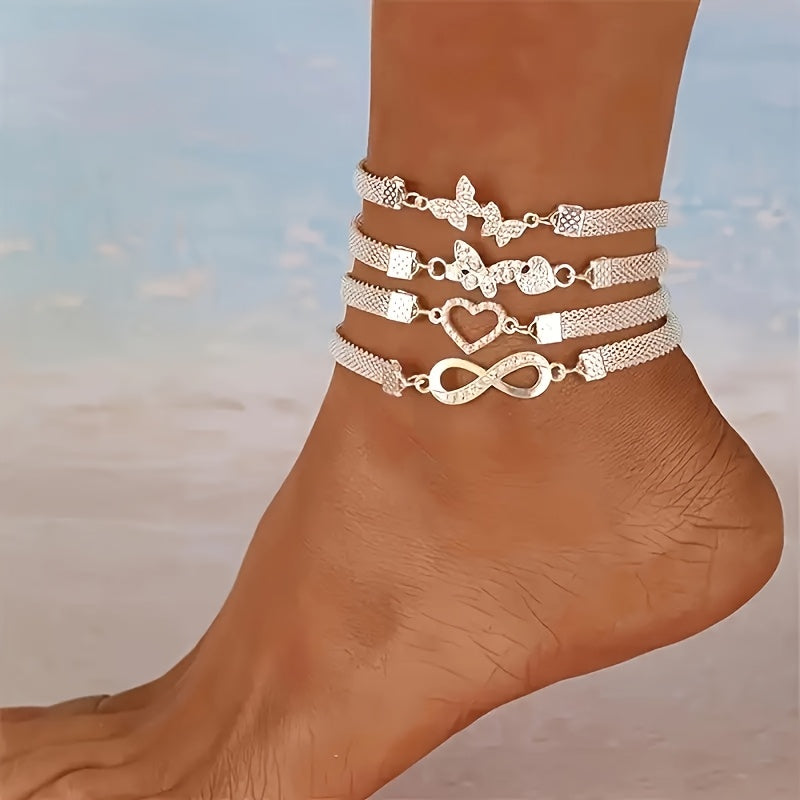Set of 4- Elegant And Shiny Stackable Ankle Chains, Synthetic Zirconia Ankle Chains Plated with Butterflies And Hearts, Multifunctional Daily Jewelry Gifts