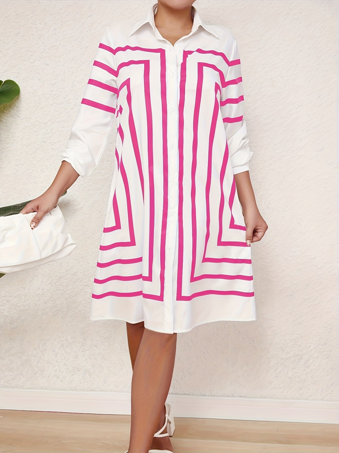 Half Sleeves Loose Buttoned Striped Lapel Midi Dresses Shirt Dress