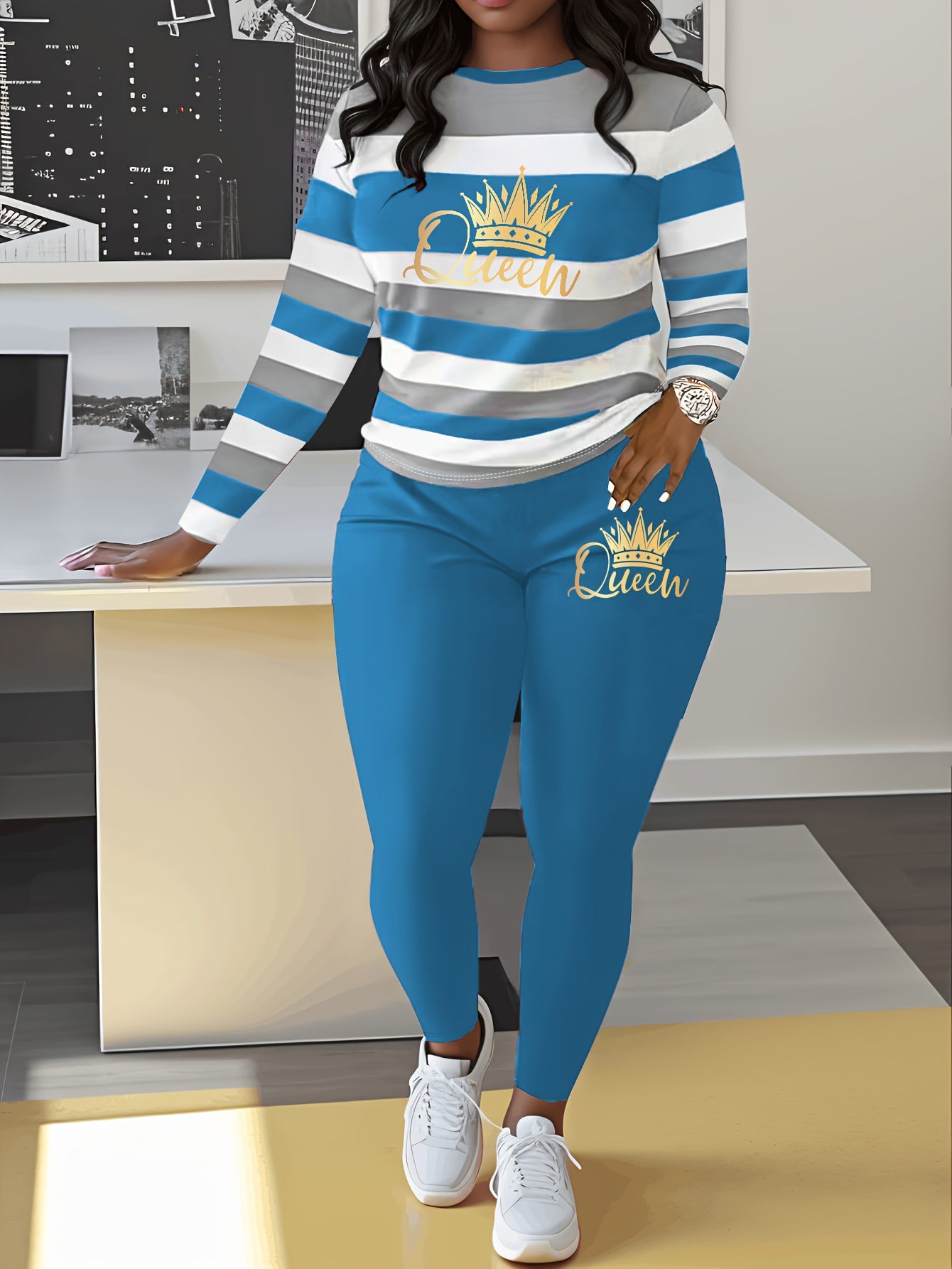 Women's Striped Crown Print Casual Tracksuit Set - Polyester & Elastane Knit Crew Neck Long Sleeve Top with Pants, No Belt - Fall/Winter Cozy Loungewear Suit (1 Top + 1 Pants)