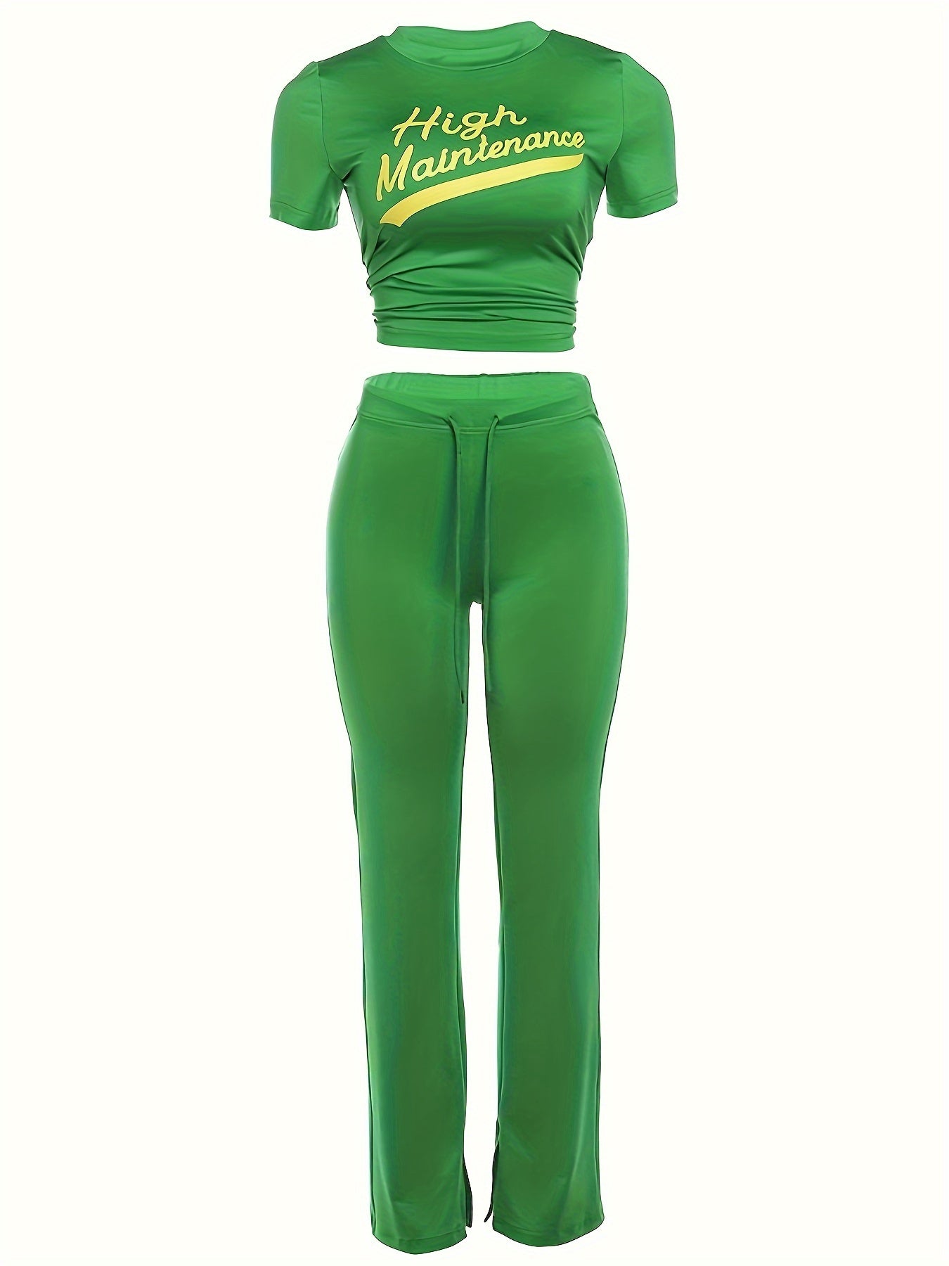 Spring & Summer Women's Casual Crew Neck Crop T-shirt & Drawstring Waist Slim Pants Set - Letter Print - For Women