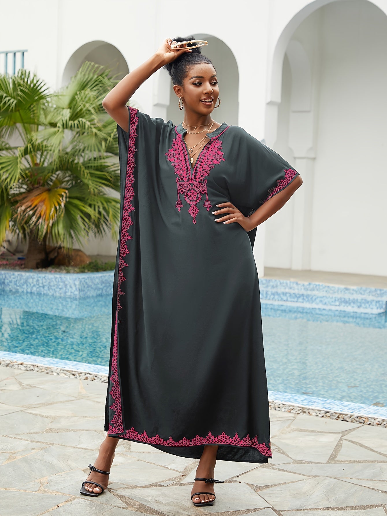 Bohemian Golden Embroidered Plus Size Maxi Dress with Bat Sleeves for Ramadan