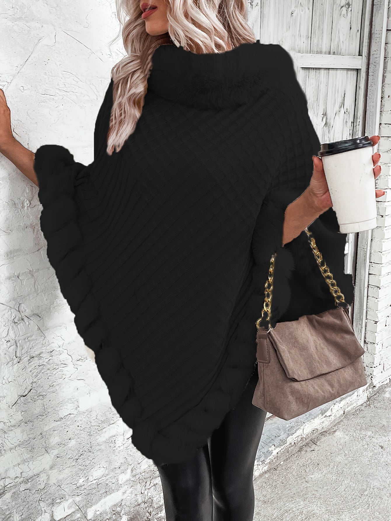 Winter Chic Fur-Trim Turtleneck Sweater - Cozy Long Sleeve, Hanky Hem Design - Perfect for Cold Weather
