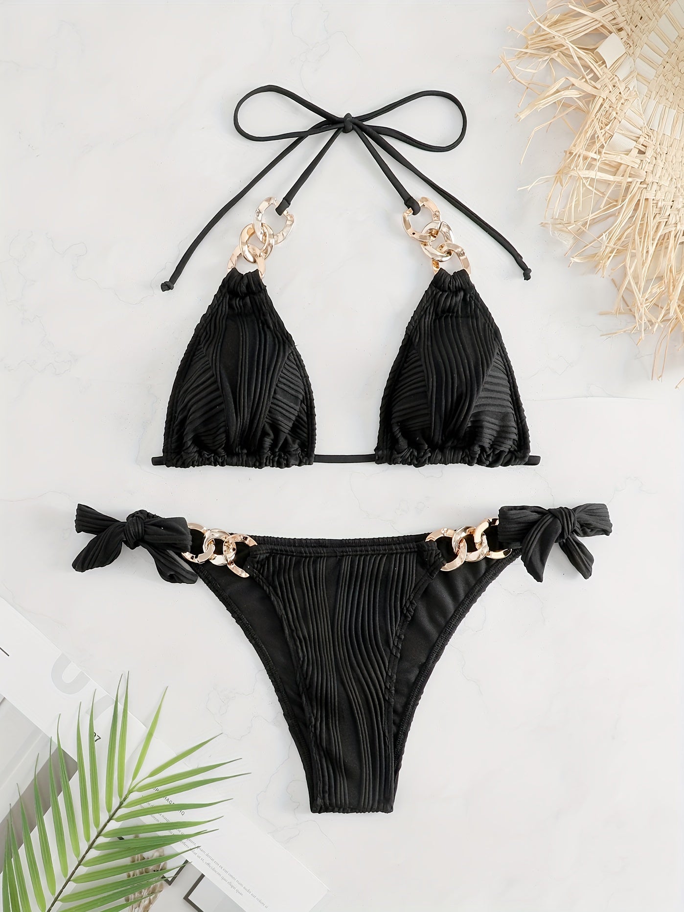 Stripes Ruched Texture Golden Chain Ring Link Halter 2 Piece Set Bikini, Bow Tie Side Triangle Halter Tie Neck Stretchy Swimsuit For Beach Pool Bathing, Women's Swimwear & Clothing