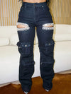 Women's Rhinestone-Embellished High-Rise Stretch Cargo Jeans with Cut-Out Details & Multiple Utility Pockets - Edgy Sexy Casual Denim Pants for Festivals, Parties, Weekend Outings (Spring/Summer/Fall), Party Jeans | Utility J