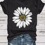 Women's Casual Daisy Flower Print T-Shirt - Soft Polyester Crew Neck Tee, Black with White Daisy Design, Short Sleeve, Perfect for Summer Outfits, Ladies T Shirts