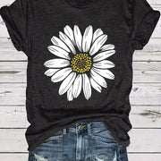 Women's Casual Daisy Flower Print T-Shirt - Soft Polyester Crew Neck Tee, Black with White Daisy Design, Short Sleeve, Perfect for Summer Outfits, Ladies T Shirts
