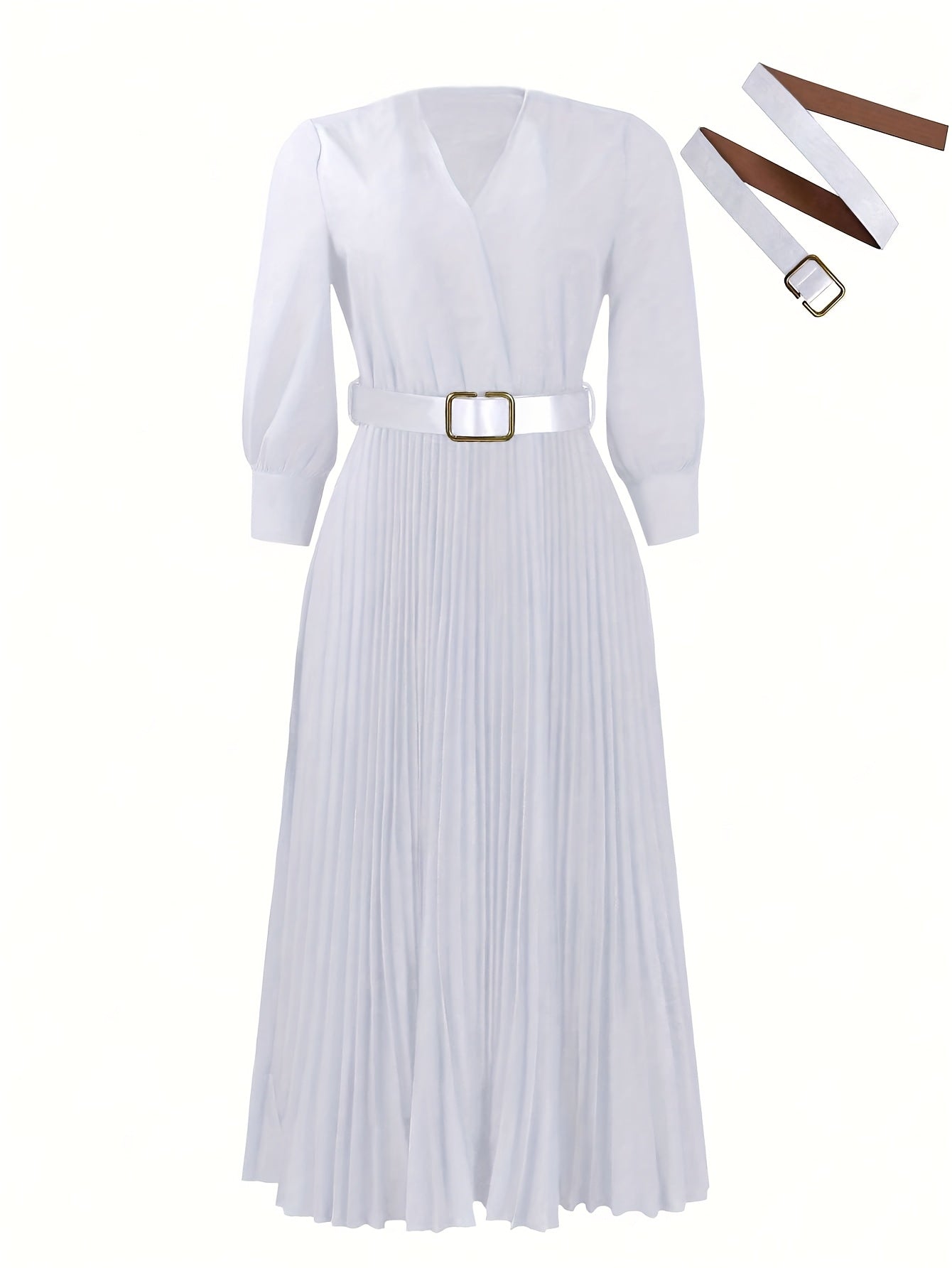 Elegant V-Neck Pleated Midi Dress with Belt for Women - Chic Long Sleeve, Cinched Waist, Ribbed Texture, Perfect for Spring & Fall Formal Event