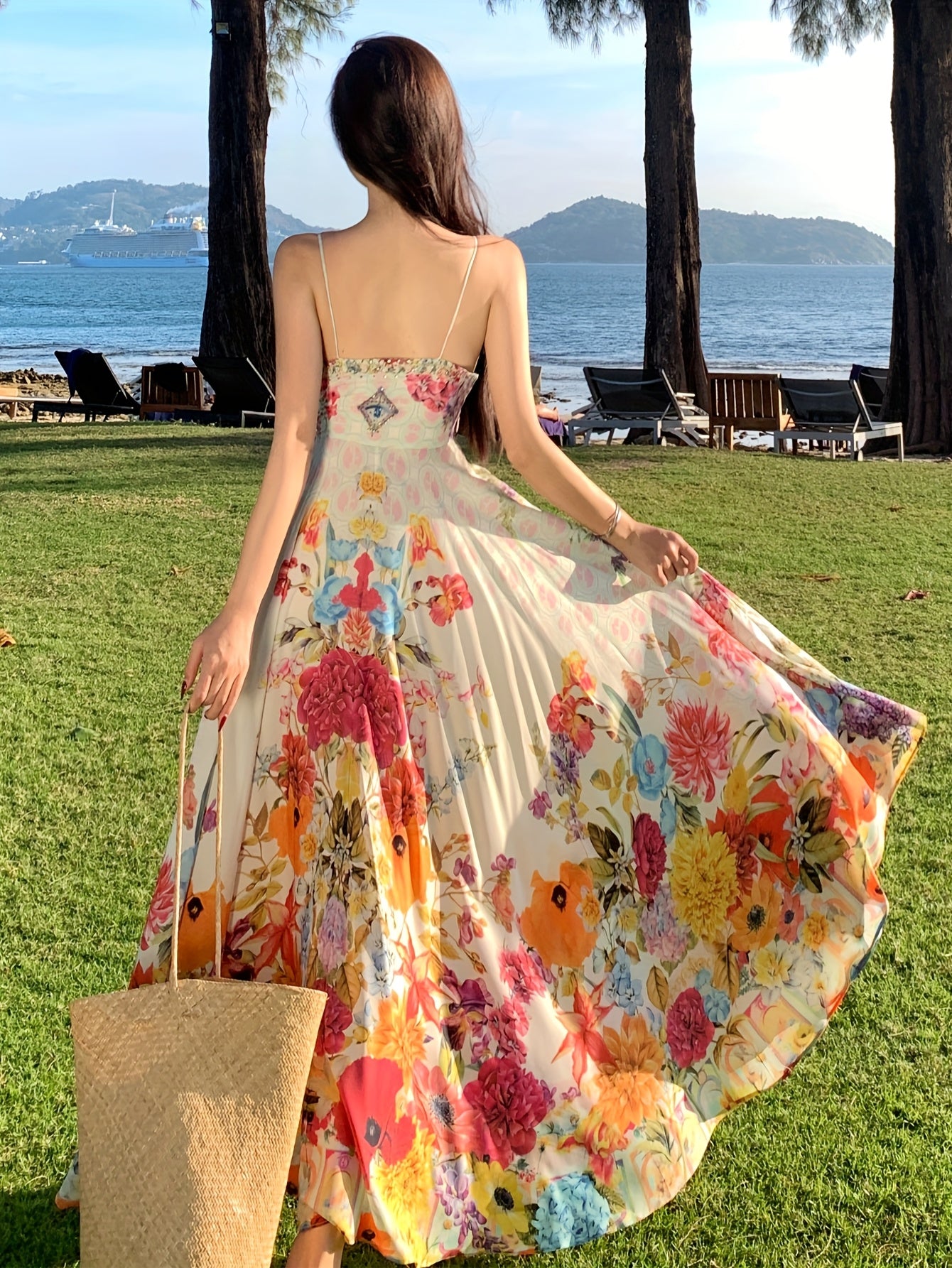 Women's Vibrant Floral Print Sleeveless Maxi Dress with Tropical V-Neck and Ruffled Hem - Perfect for Summer Vacations and Beach Outings, Vacation Attire | Fitted Waist, Beach Dress
