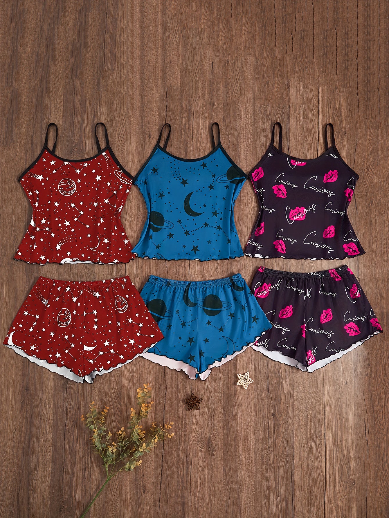 Starry Sky Style - Three-Piece Set of Women'S Sleepwear with Lip Prints