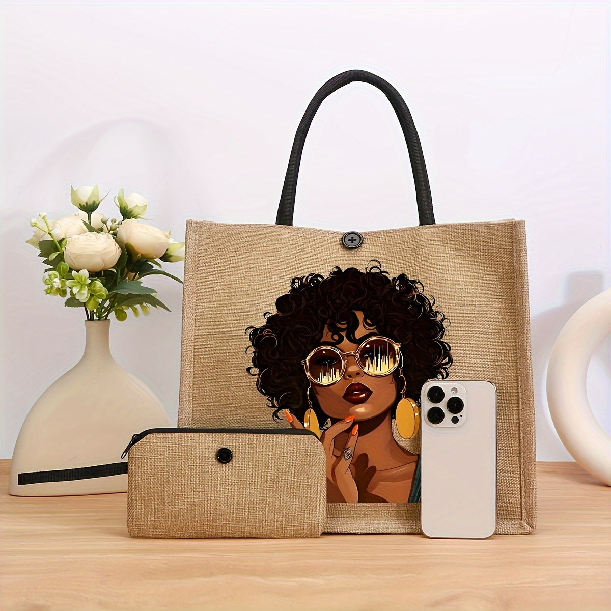 2-Piece Set Women's Fashion Printed Tote Bag and Mini Coin Purse - Casual Style, Machine Washable, Khaki Fabric with Shoulder Straps, Snap Closure, Polyester Lining, Position Print, No Oil Edging - For Women - Suitable for Ev