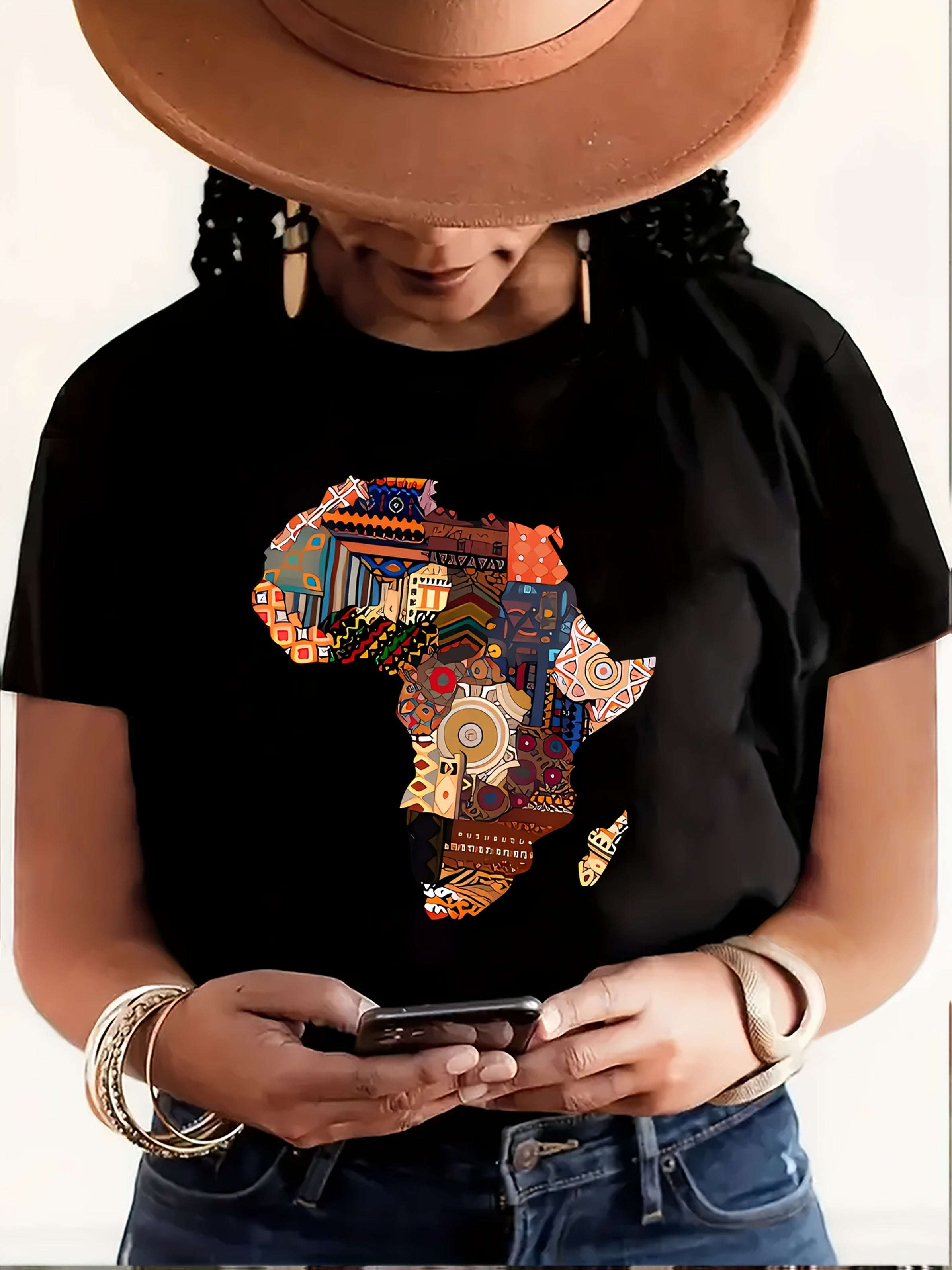Women's African-Inspired Patchwork Print Casual Short Sleeve T-Shirt - Vibrant Red Round Neck Top with Cultural Motifs, Medium Stretch & Machine Washable for Spring/Summer, Casual Attire, Comfortable Fabric