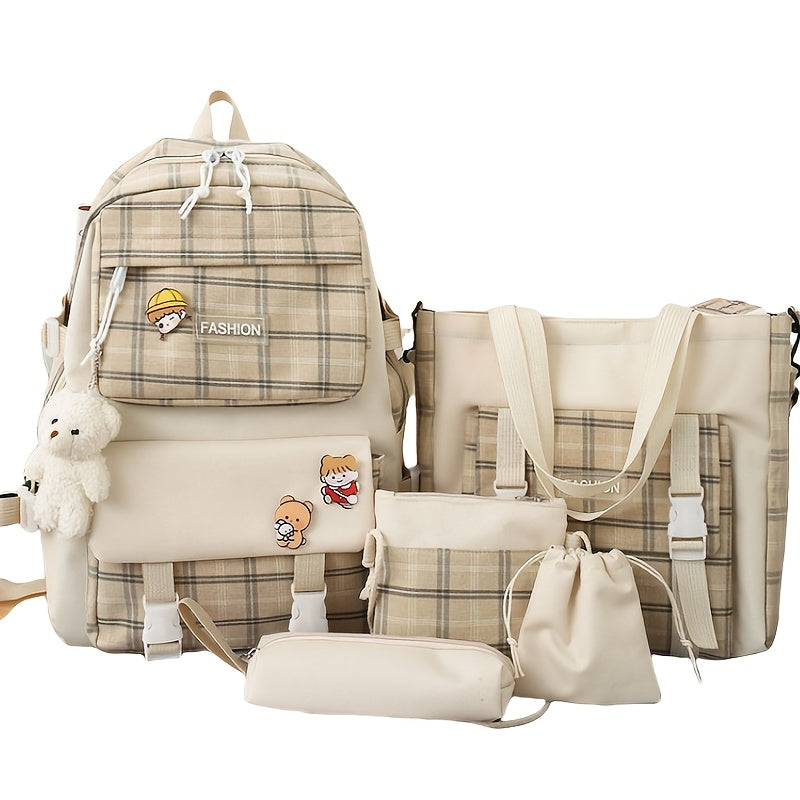 Fashionable And Lovely Plaid Backpack - Five-piece Set - Casual Simple Backpack - For Women - Suitable for School, Travel, Everyday Use - Perfect Gift for Teen Girls