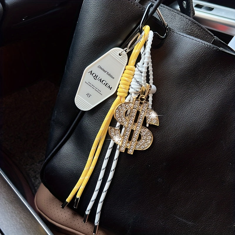 Fashion Dollar Sign Keychain, Handmade Braided Rope with Rhinestone Accents, Alloy Car Remote Key Ring, Decorative Bag Charm, Birthday Festival Gift for Women, Novelty Keychains