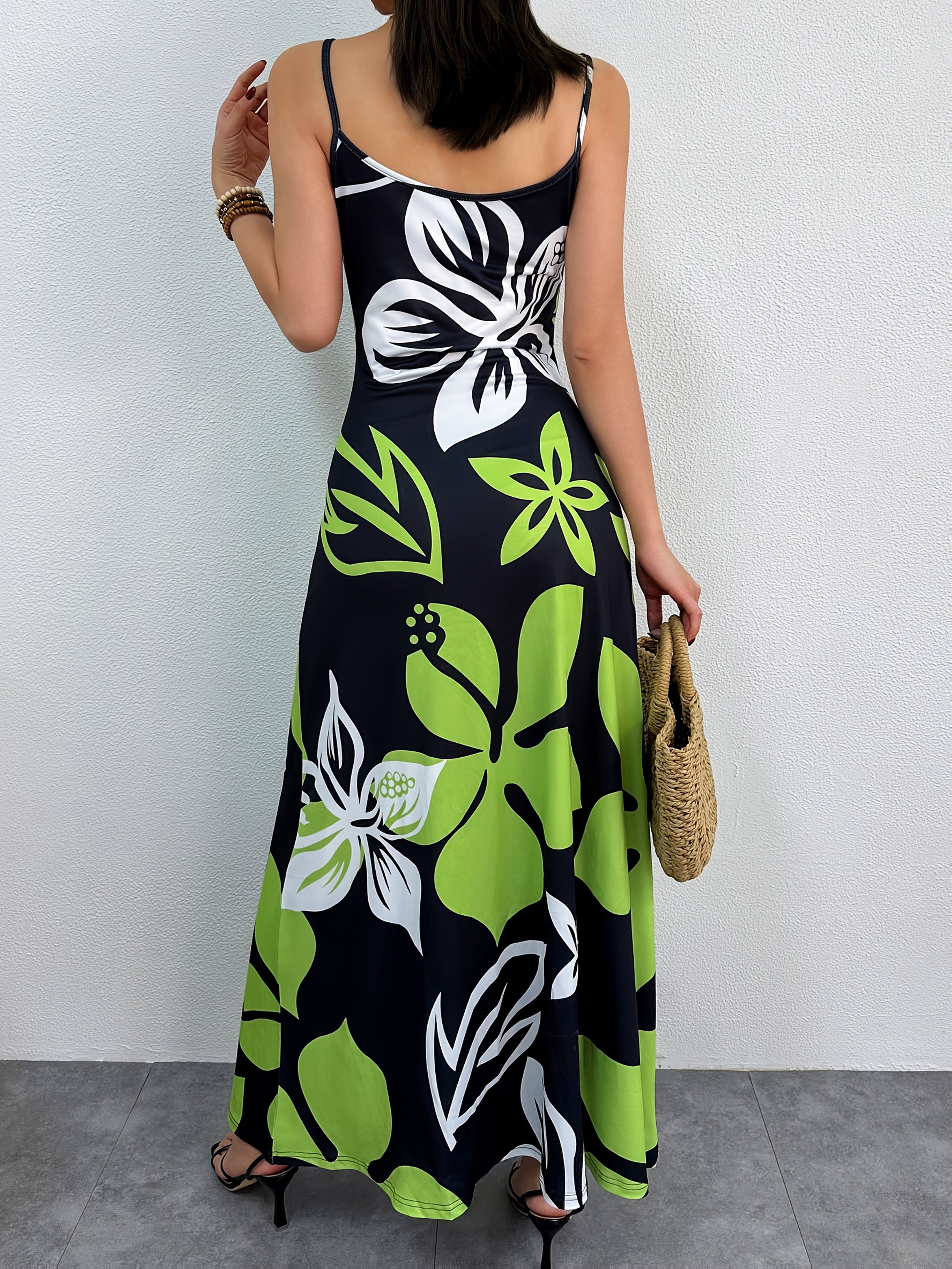 Flirty Plant Print Sundress with Adjustable Straps - Lightweight & Flowy for Spring & Summer Vacations - Womens Casual Cami Dress