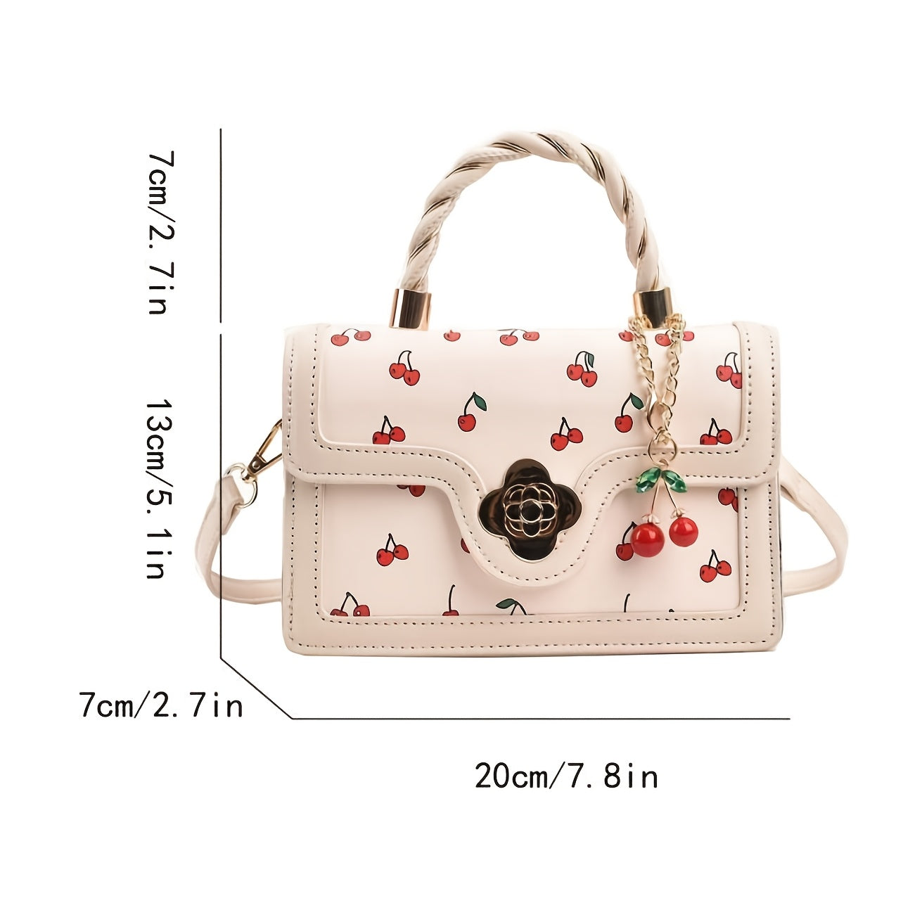 Fashionable High-End PU Tote Bag with Versatile Square Shape and Cute Cherry Print, Perfect for Shopping, Dating Or Cross-Body for Girls., Kawaii Cherry Elements