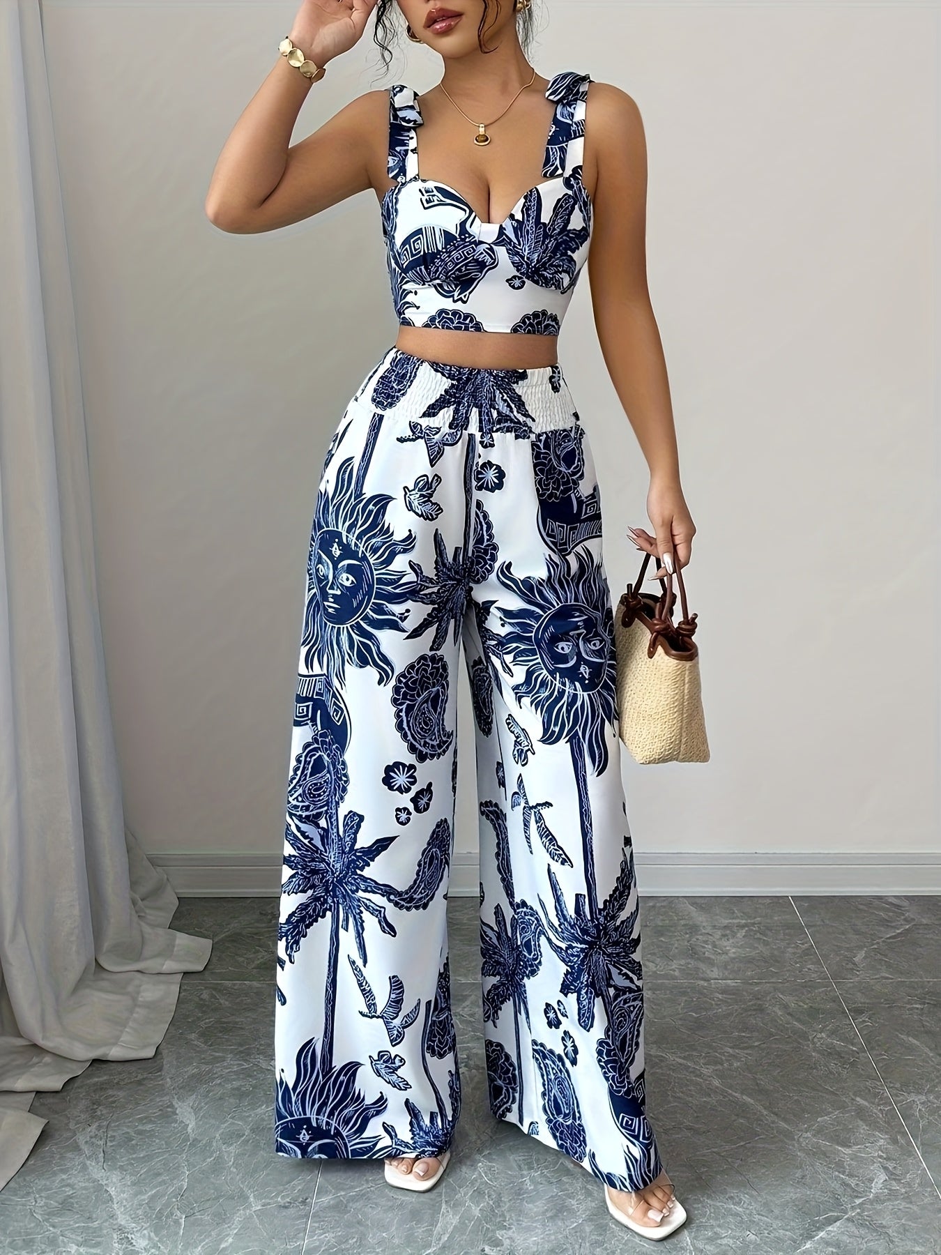 2pcs Bohemian Style Blue and White Floral Print Crop Top with Strapless Detail and Wide-Leg Pants, Perfect for Vacation or Casual Attire, Polyester, Spring/Summer Collection