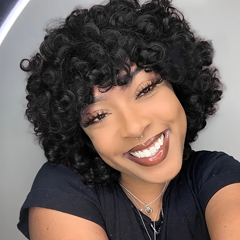 180% Density Bouncy Afro Loose Curls Short Bob Wig - 100% Human Hair, Pixie Cut, Bangs, Rose Cap, Glueless Put-On for All Ethnicities