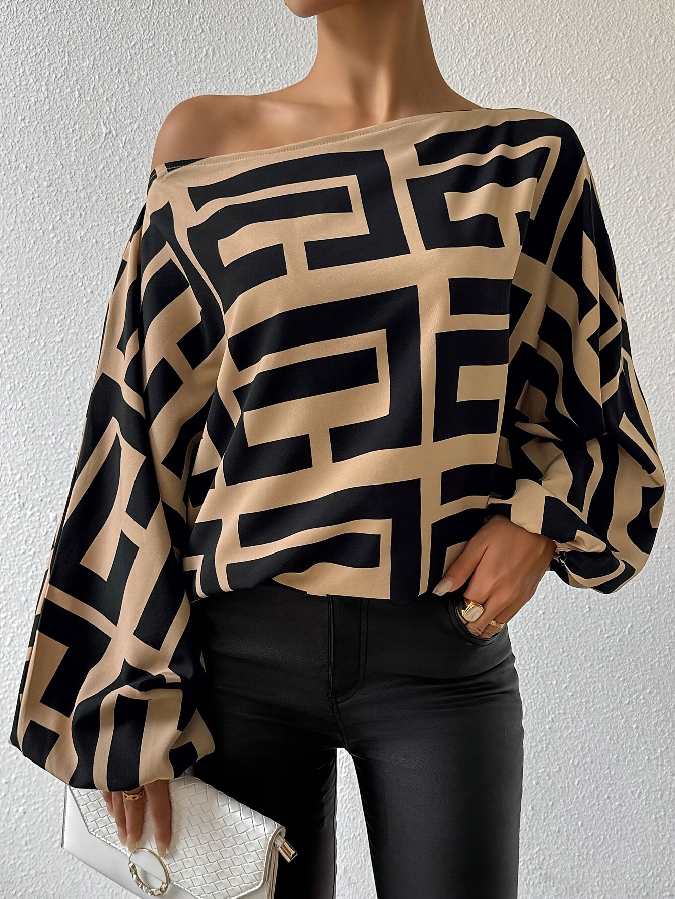 Greek Print One-shoulder Blouse, Elegant Long Lantern Sleeve Blouse For Spring & Fall, Women's Clothing