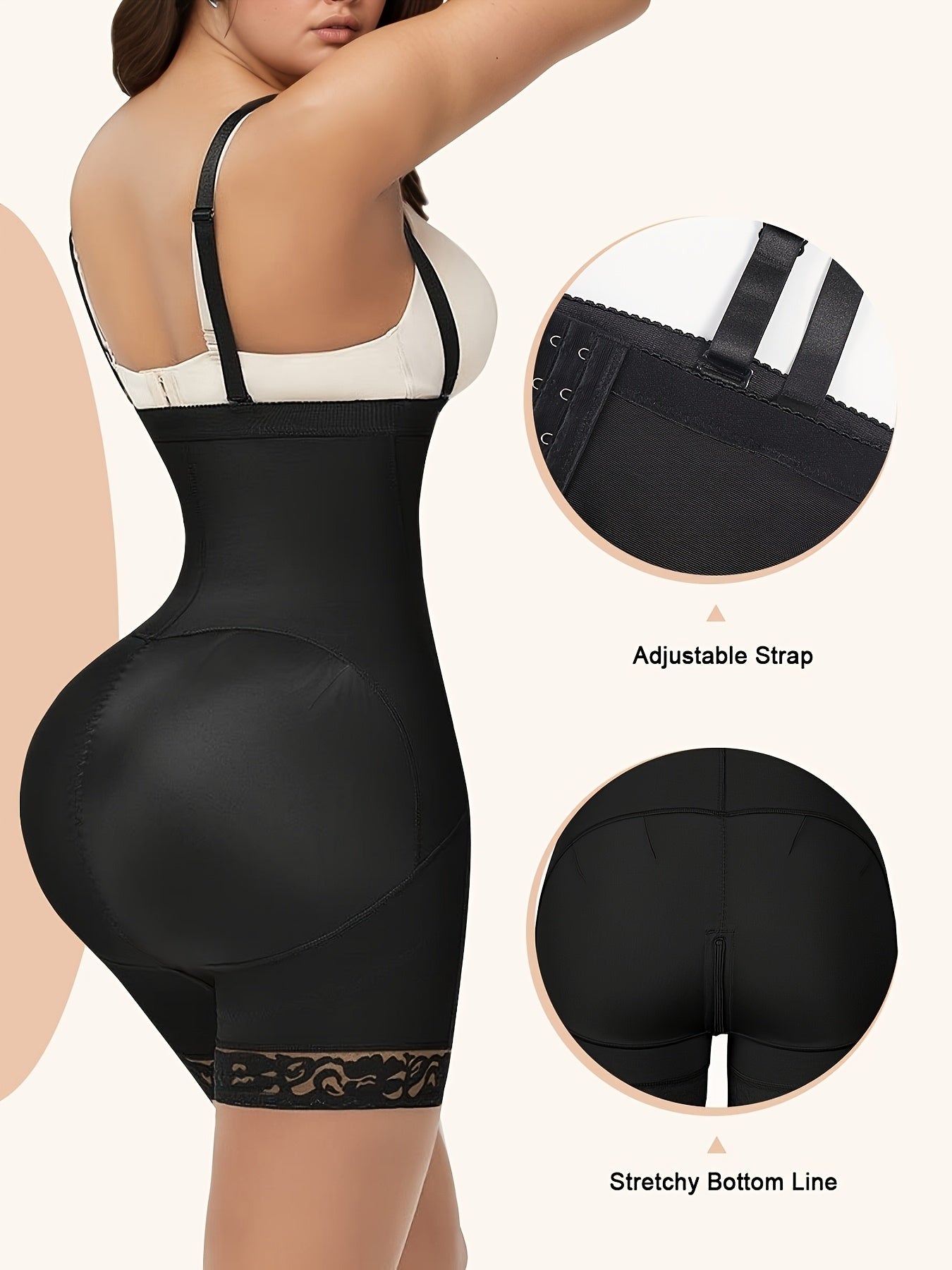 Women's Plus Size Tummy Control Shapewear Bodysuit with Zipper, Lace Detailing & Open Crotch Design - Black, High Stretch, Slimming Waist Cincher for All-Day Support, Body Shaping Wear | Lace Trimmed Shapewear | Hookandeye De