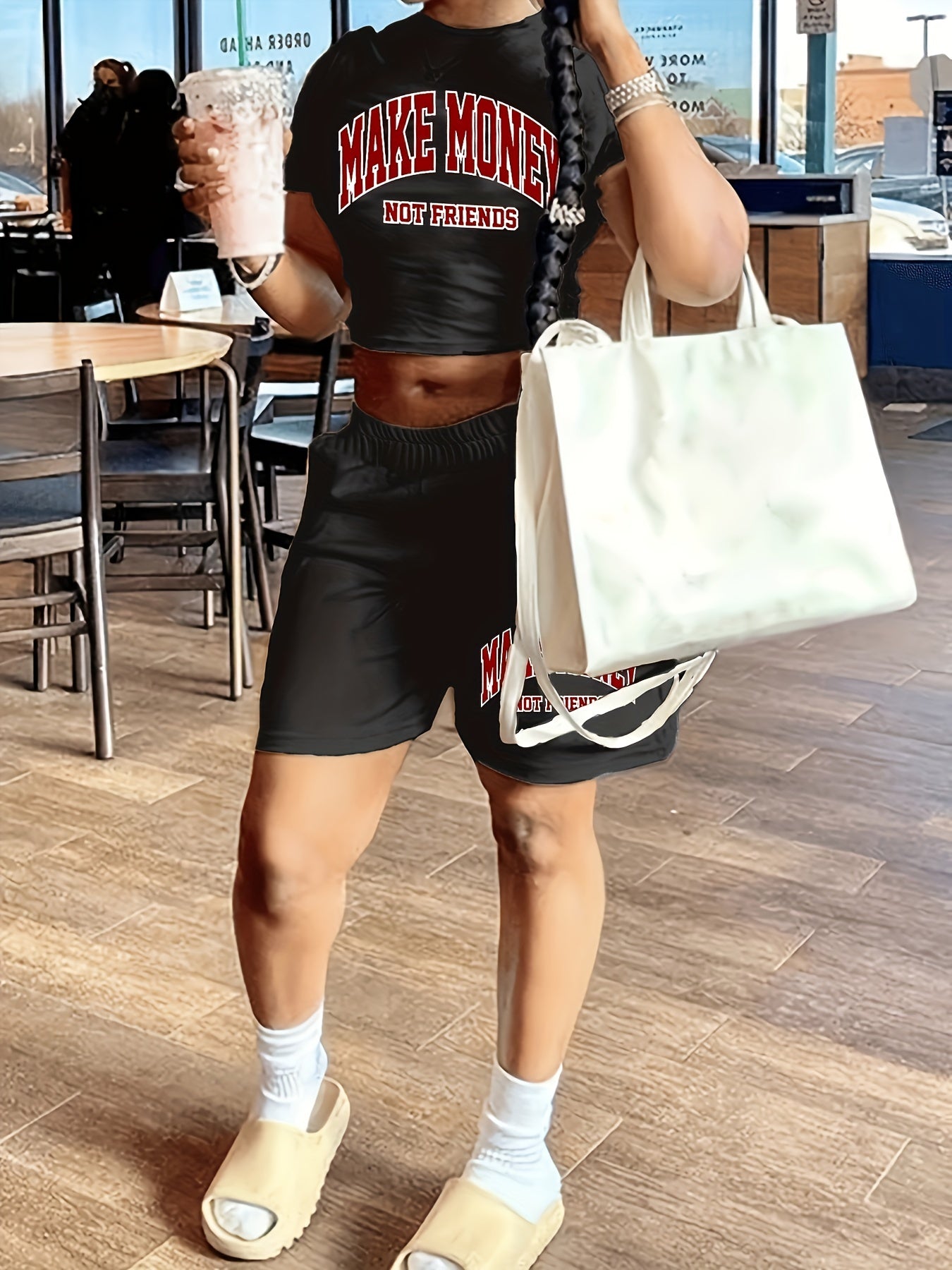 [Two-piece Make Money Print Set] Make Money Print T-shirt & Shorts Two-piece Set, Cropped Short Sleeve T-shirt & Elastic Waist Loose Shorts Set, Women's Clothing