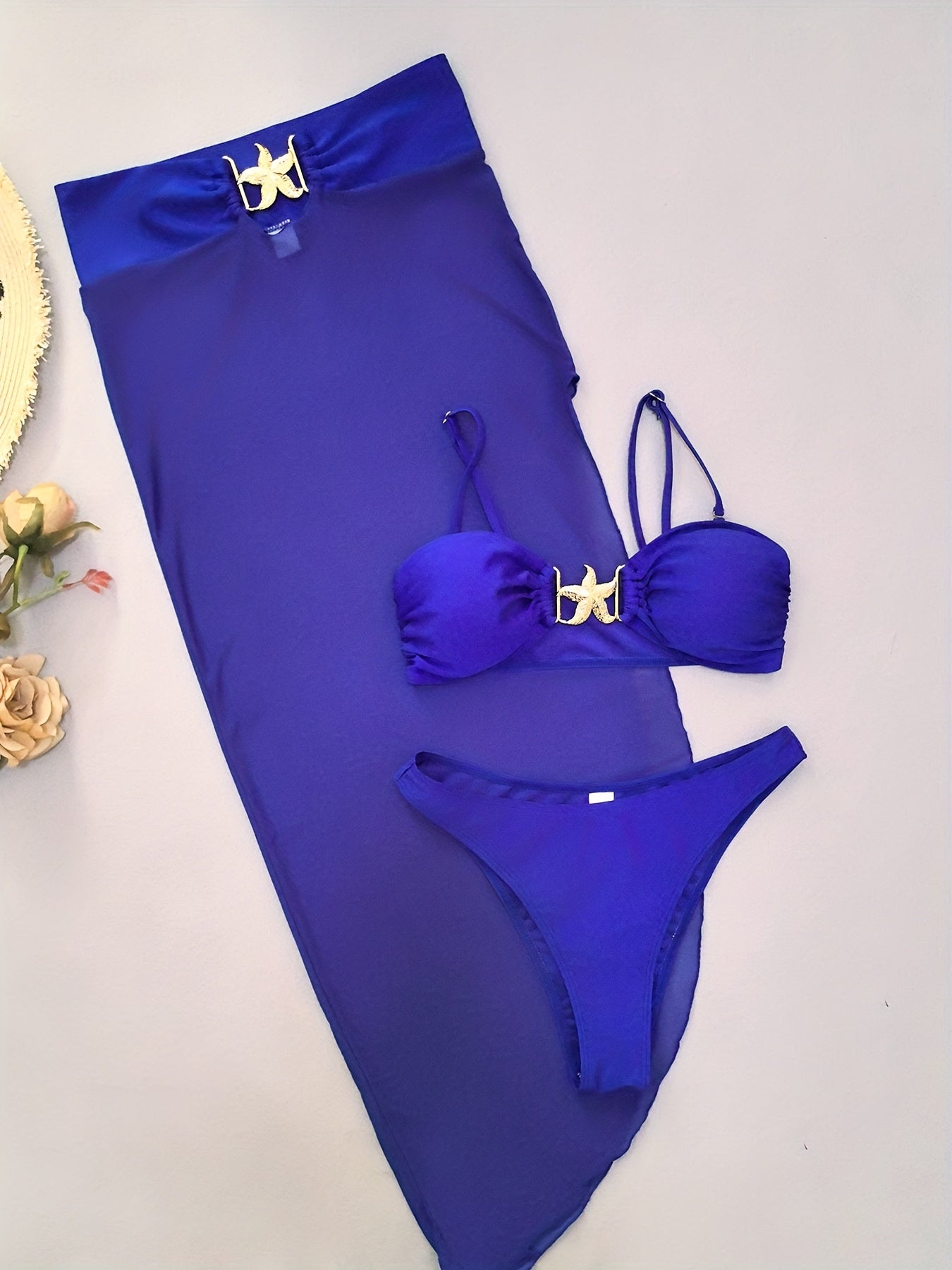 3pcs Women's Bikini Set, Polyester 82.0% Elastane 18.0%, High Stretch Knit Fabric, Solid Color, Off the Shoulder Top with Starfish Detail, Sleeveless Long Skirt Swimwear, High Waisted Bikini Set