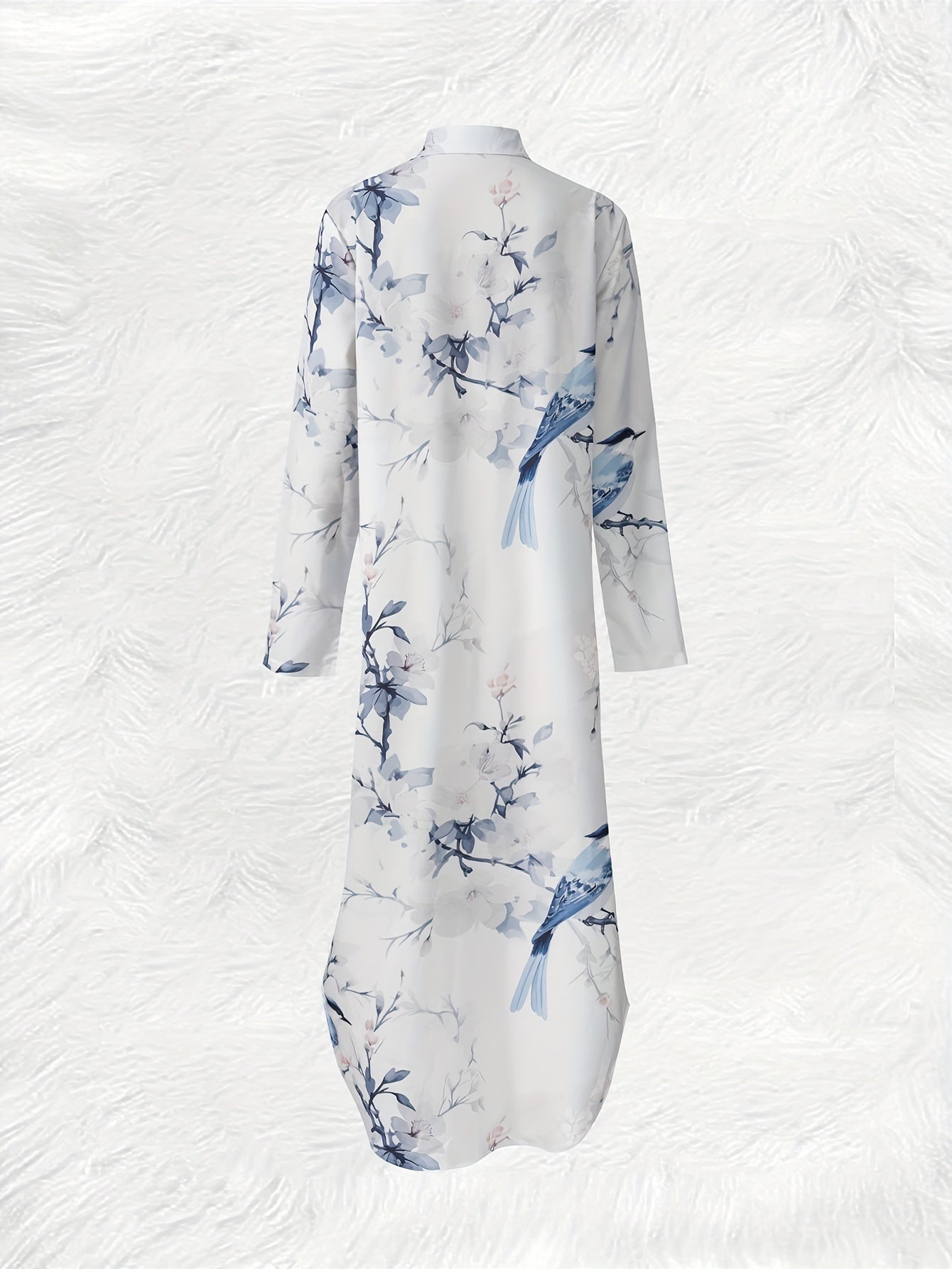 Women'S Floral Print Long Sleeve Maxi Dress with Lapel Collar and Side Pocket, Polyester Vacation Shirt Dress, Animal Pattern, Woven Fabric, for Spring/Fall