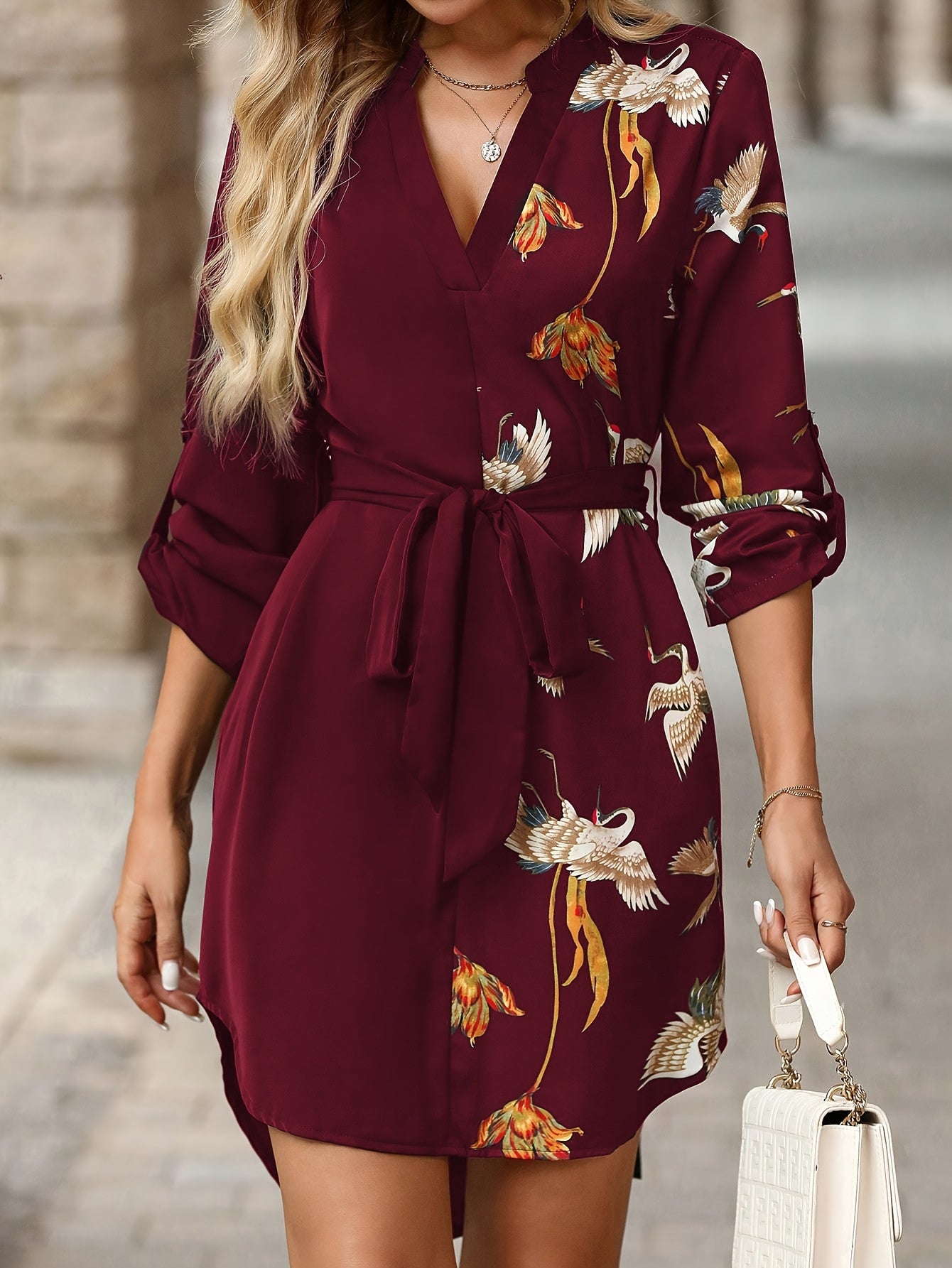Elegant Women'S V-Neck Dress with Vibrant Bird & Floral Print - Casual A-Line Style, Long Sleeve, Polyester, Green with Golden Accents, Perfect for All Seasons
