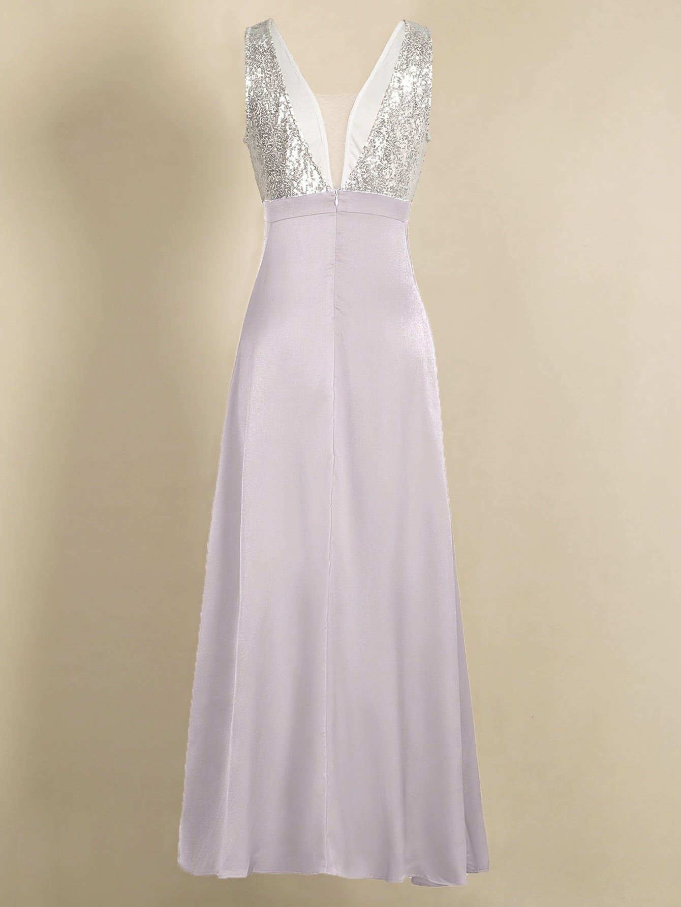 Women's Elegant Sleeveless Deep V-Neck Sequin & Satin Evening Gown - A-Line Mermaid Formal Dress with Super Long Train for Weddings, Galas & Special Occasions, Wedding Guest Attire | Sequined Bodice