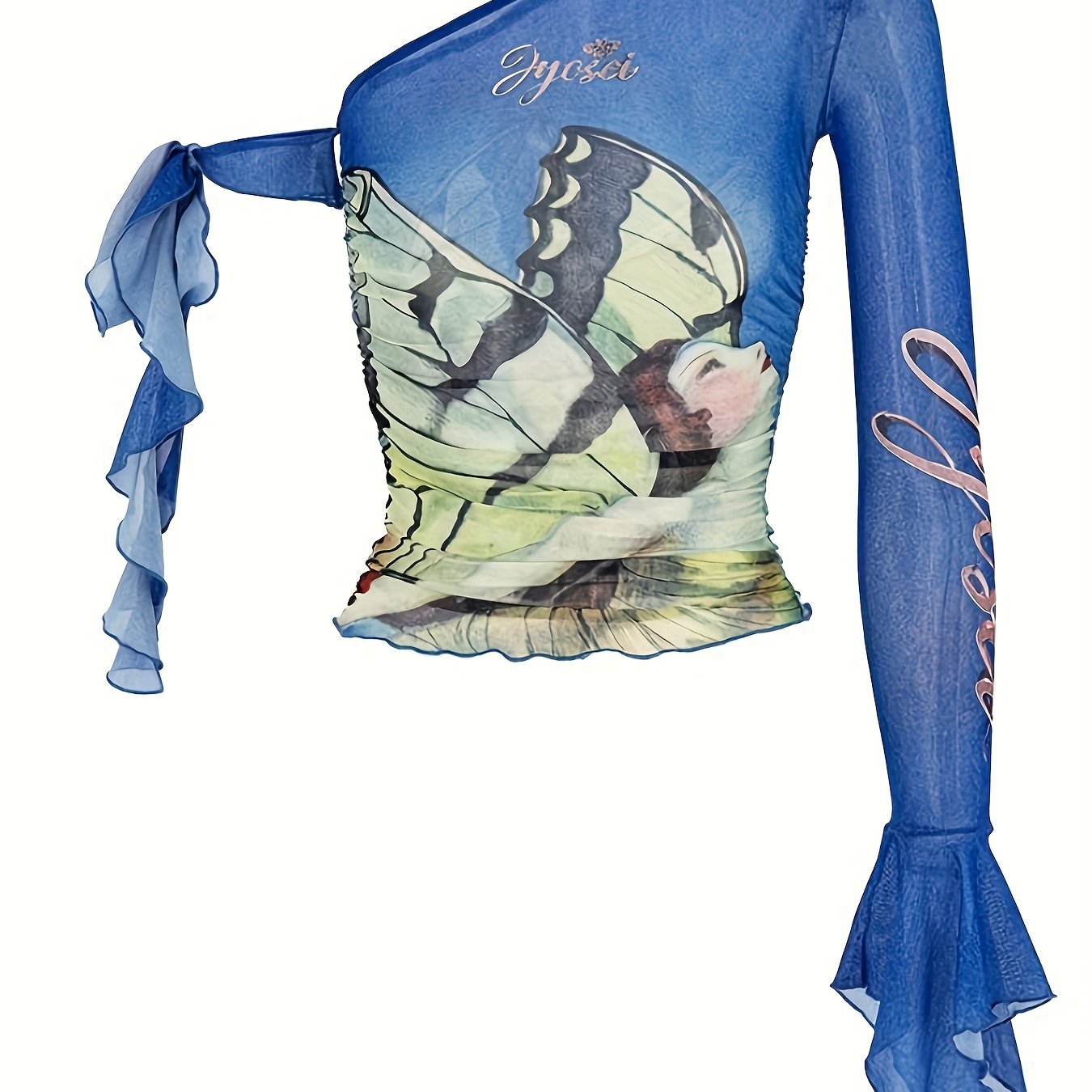 Figure Print Ruffle Trim Asymmetric T-shirt, Y2K Sheer Mesh Long Sleeve Top, Women's Clothing