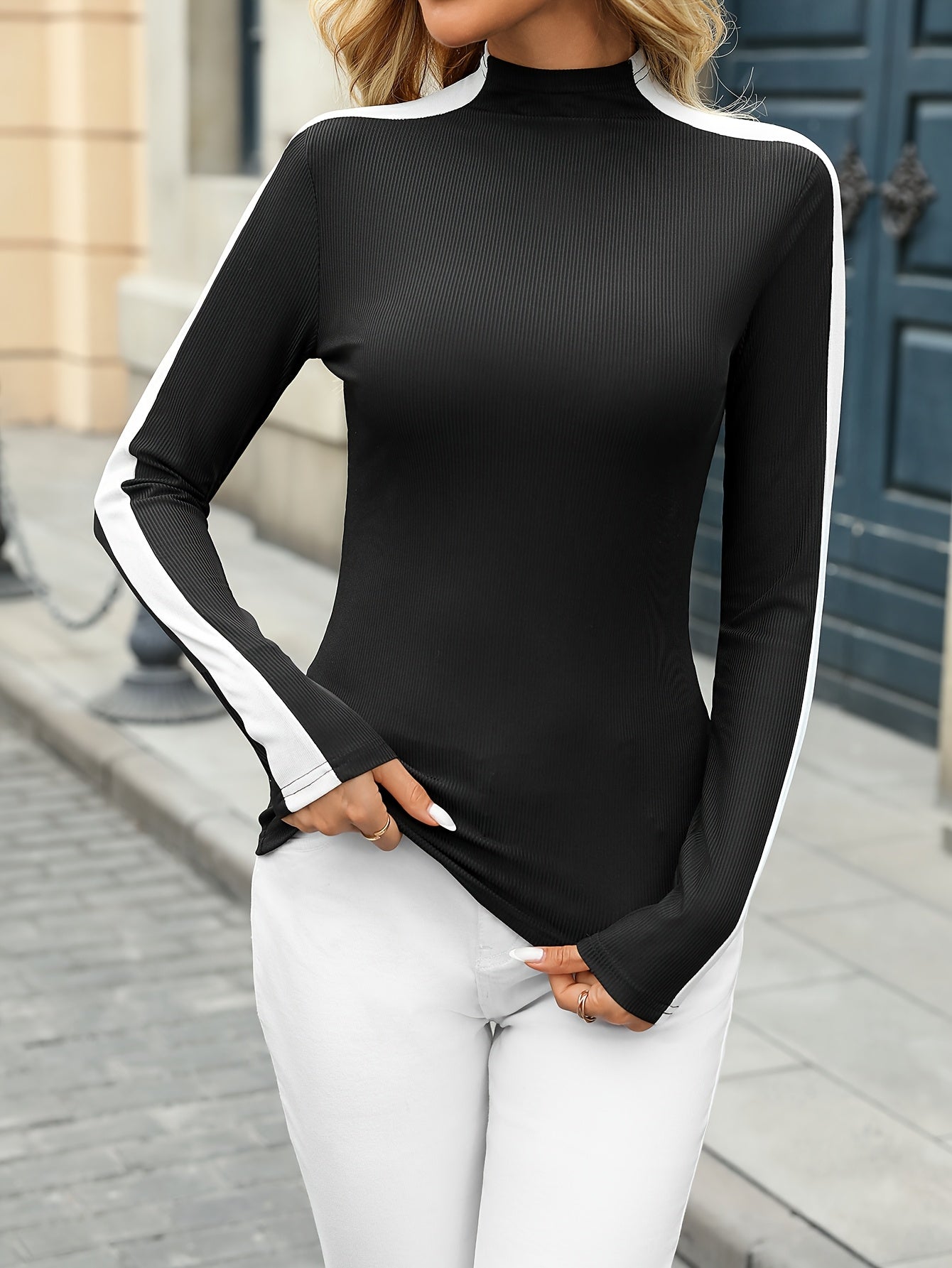 Women'S Elegant Slim Fit Patchwork T-Shirt, High Neck Knit Fabric Top with Polyester 85%, Rayon 11%, Spandex 4% - All Seasons