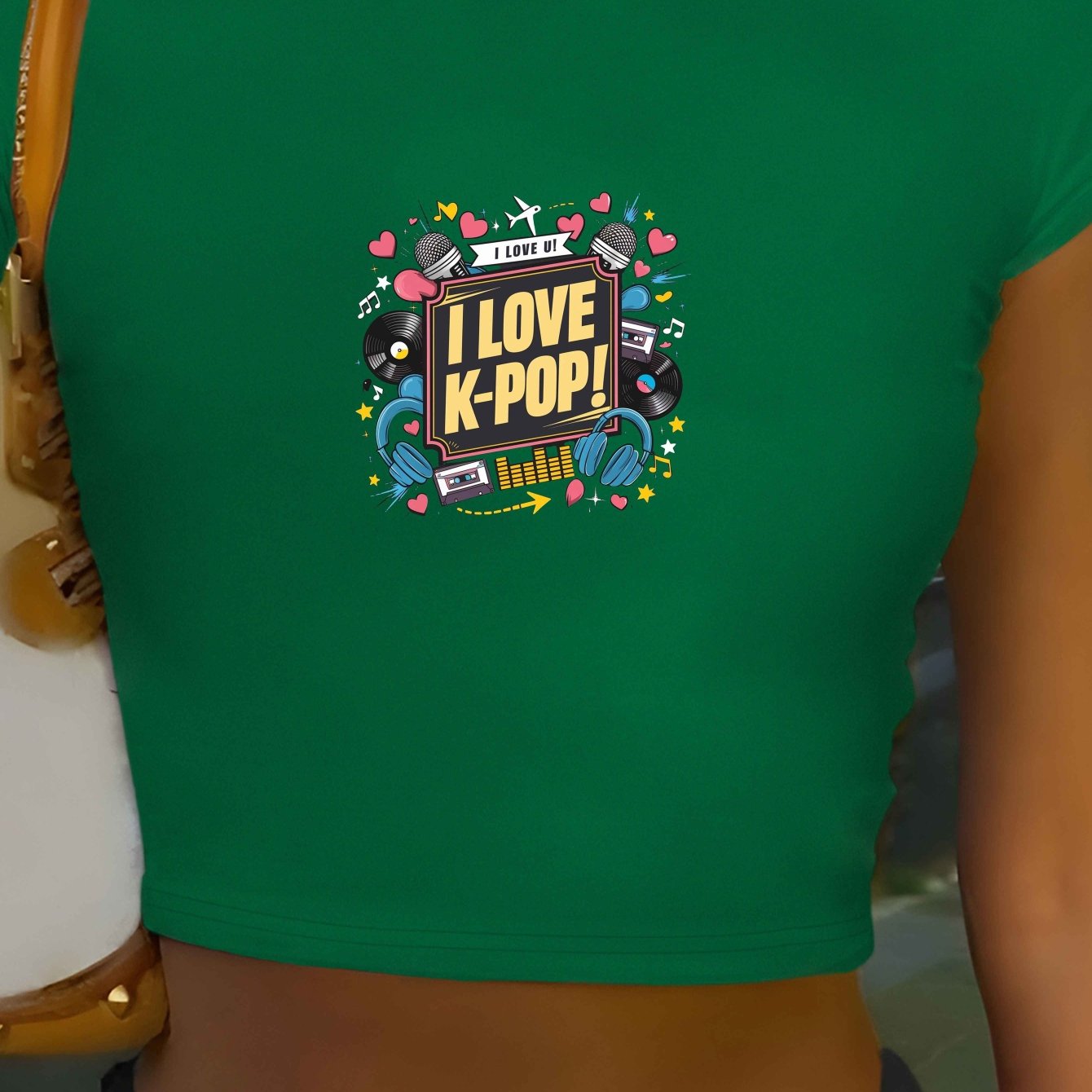 I Love K-Pop" Women's Y2K Fashion Crop Top T-Shirt - Vibrant Graphic Print, Soft Polyester & Spandex Blend, Stretchy, Machine Washable, Round Neck, Short Sleeve, Cute Shirts