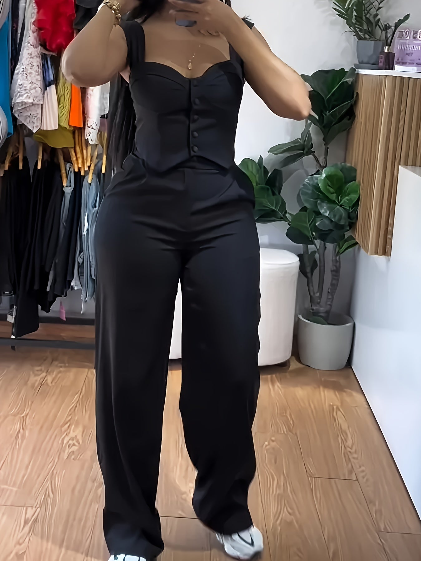 Casual Wide-Leg Long Pants Set for Women with a Tailored Vest.