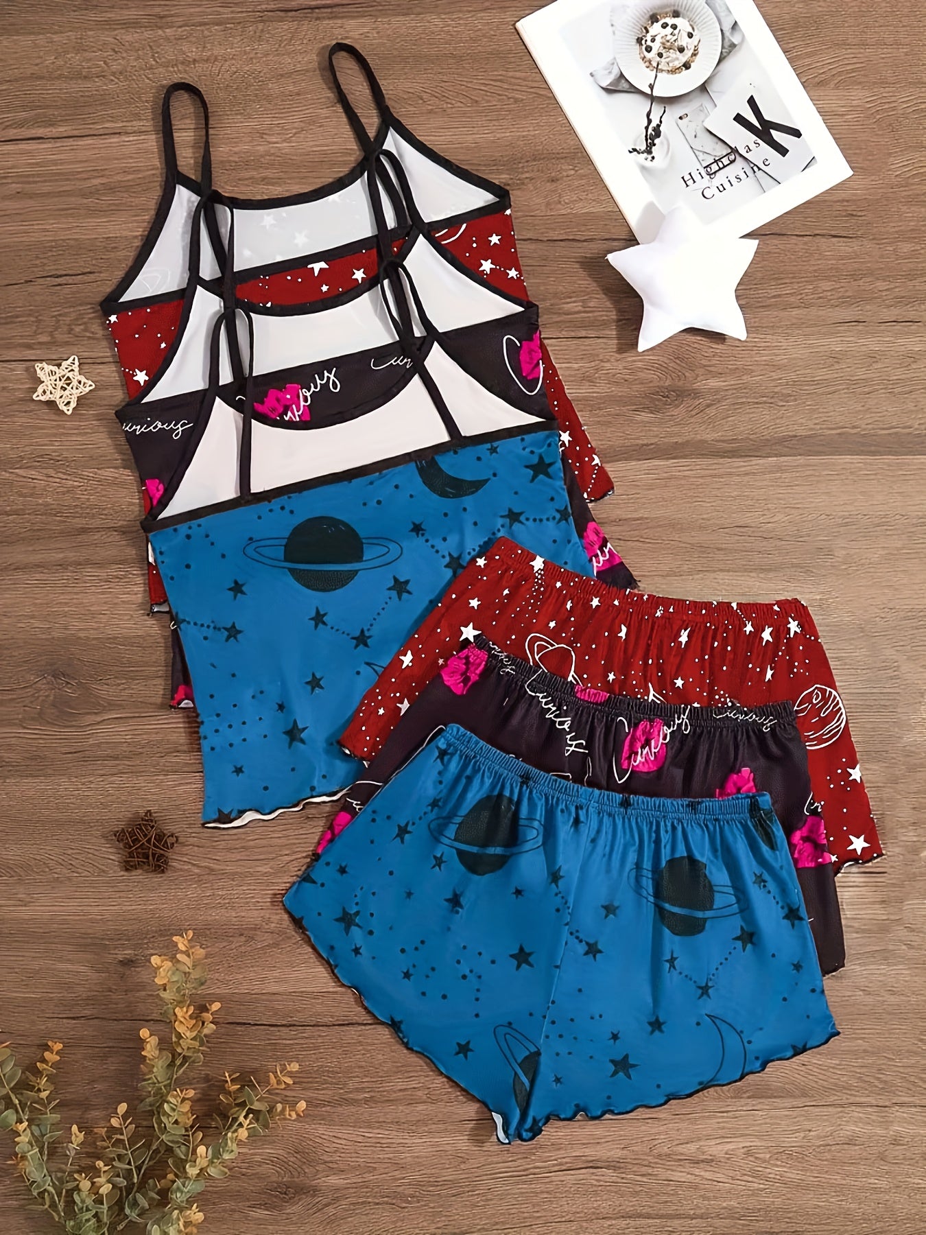 Starry Sky Style - Three-Piece Set of Women'S Sleepwear with Lip Prints