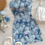 Women'S Elegant Floral Print Sleeveless Mini Dress - Blue & White Floral Design, Square Neck, A-Line Silhouette, Perfect for Summer Vacations, Beach Coverup | Aline Silhouette | Subtle Floral Prin