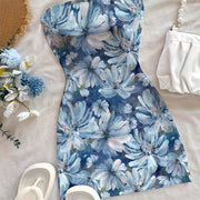 Women'S Elegant Floral Print Sleeveless Mini Dress - Blue & White Floral Design, Square Neck, A-Line Silhouette, Perfect for Summer Vacations, Beach Coverup | Aline Silhouette | Subtle Floral Prin